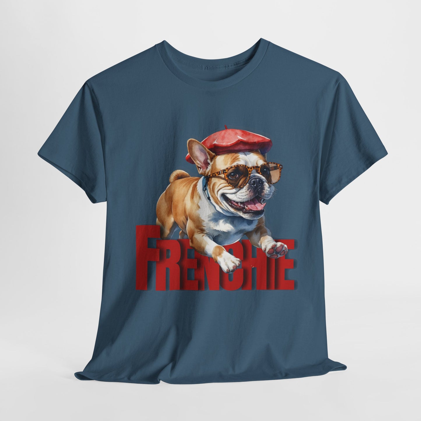 Blue t-shirt with a dog graphic and 'FRENCHIE' text on a white background