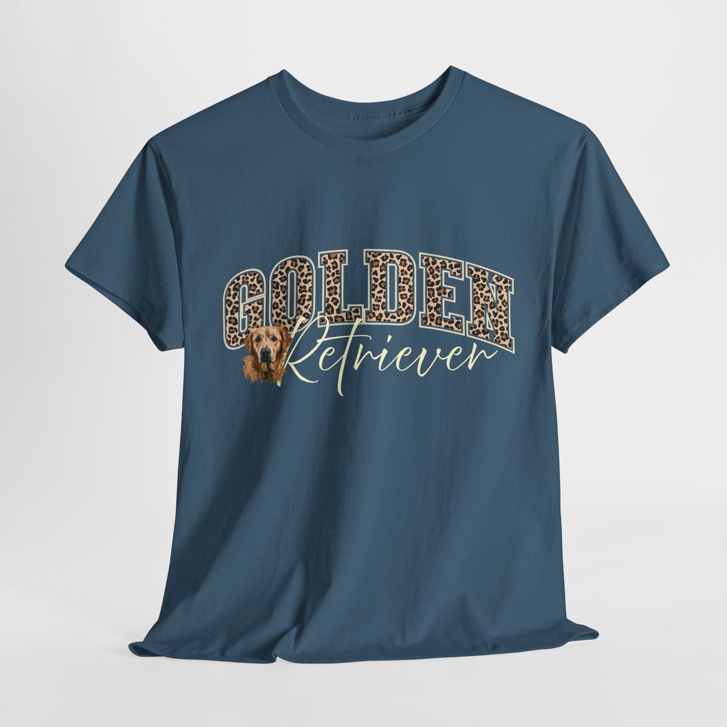 Blue t-shirt with 'Golden Retriever' text and dog illustration on a white background