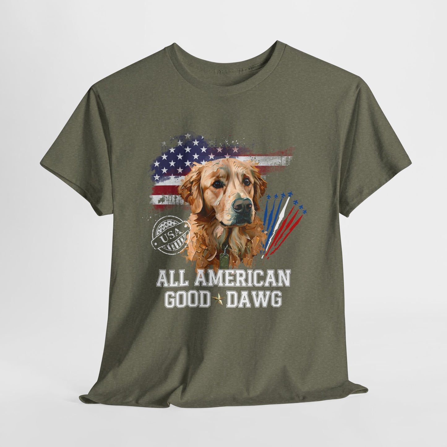 Green t-shirt with a dog graphic and 'All American Good Dawg' text on a white background
