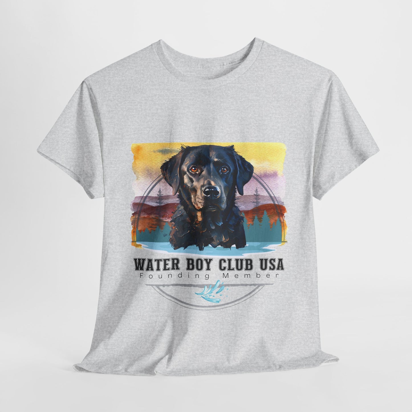 Gray t-shirt with a dog graphic and 'Water Boy Club USA' text on a white background
