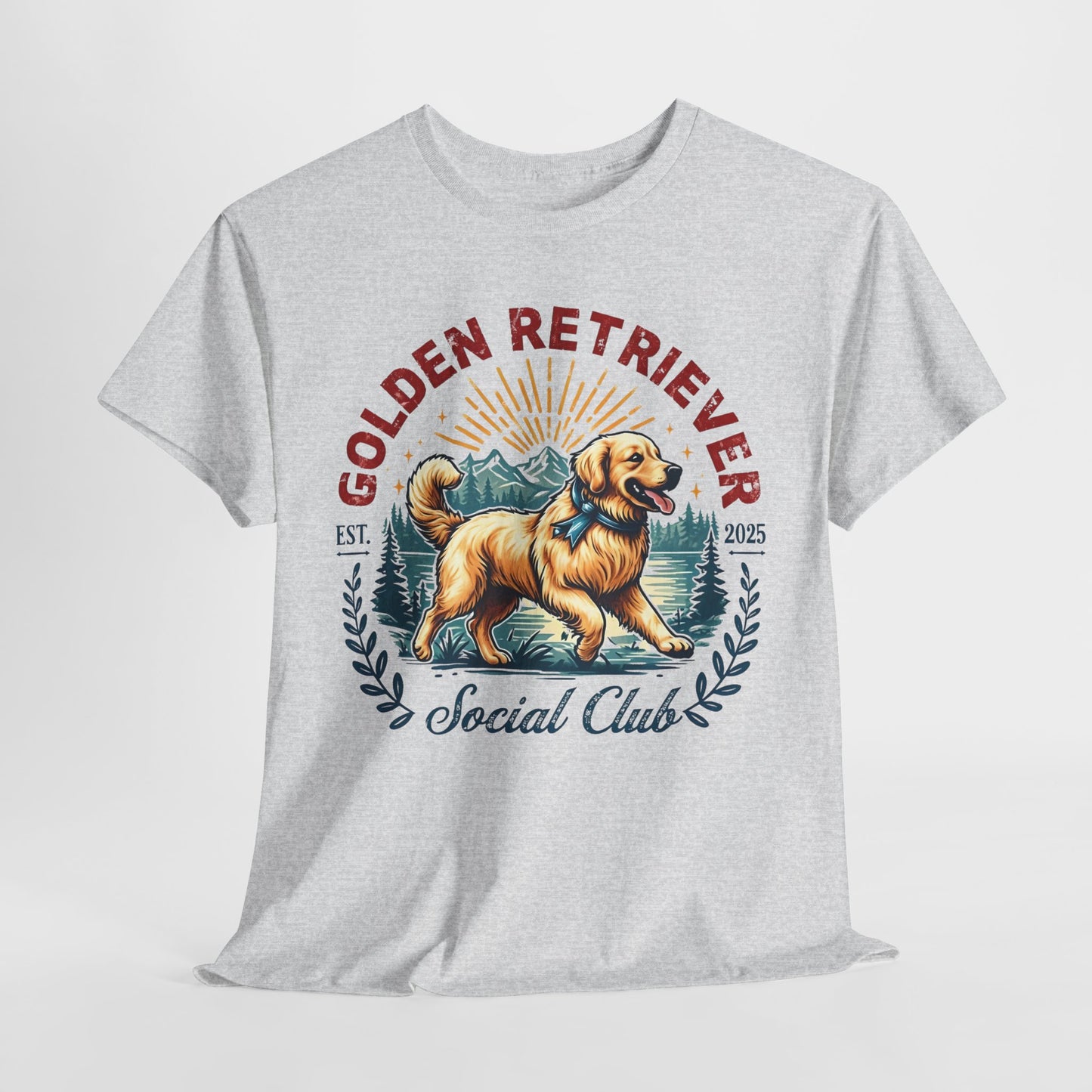 Gray t-shirt with a Golden Retriever graphic and text on a white background