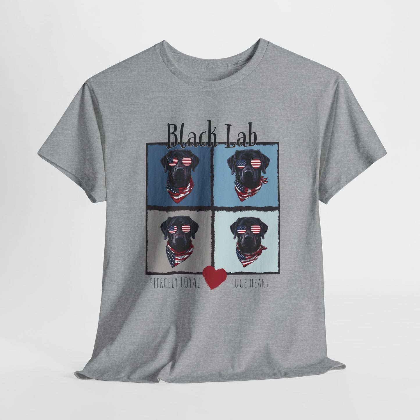 Gray t-shirt with black labrador design and heart on a white background