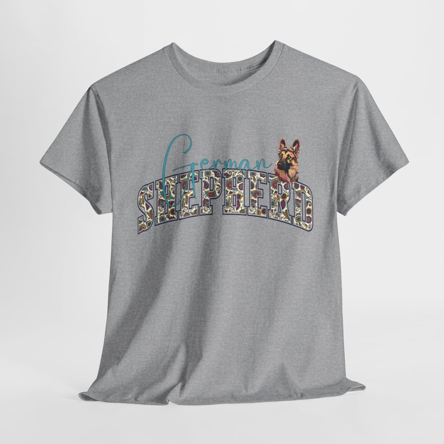 Gray t-shirt with 'German Shepherd' text and dog illustration on a white background
