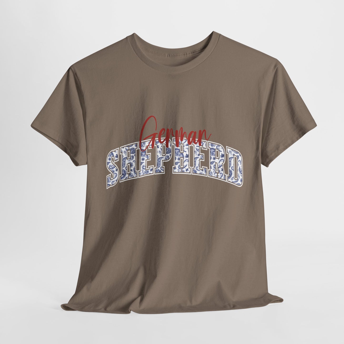 German Shepherd Tshirt with varsity and script lettering in brown savana