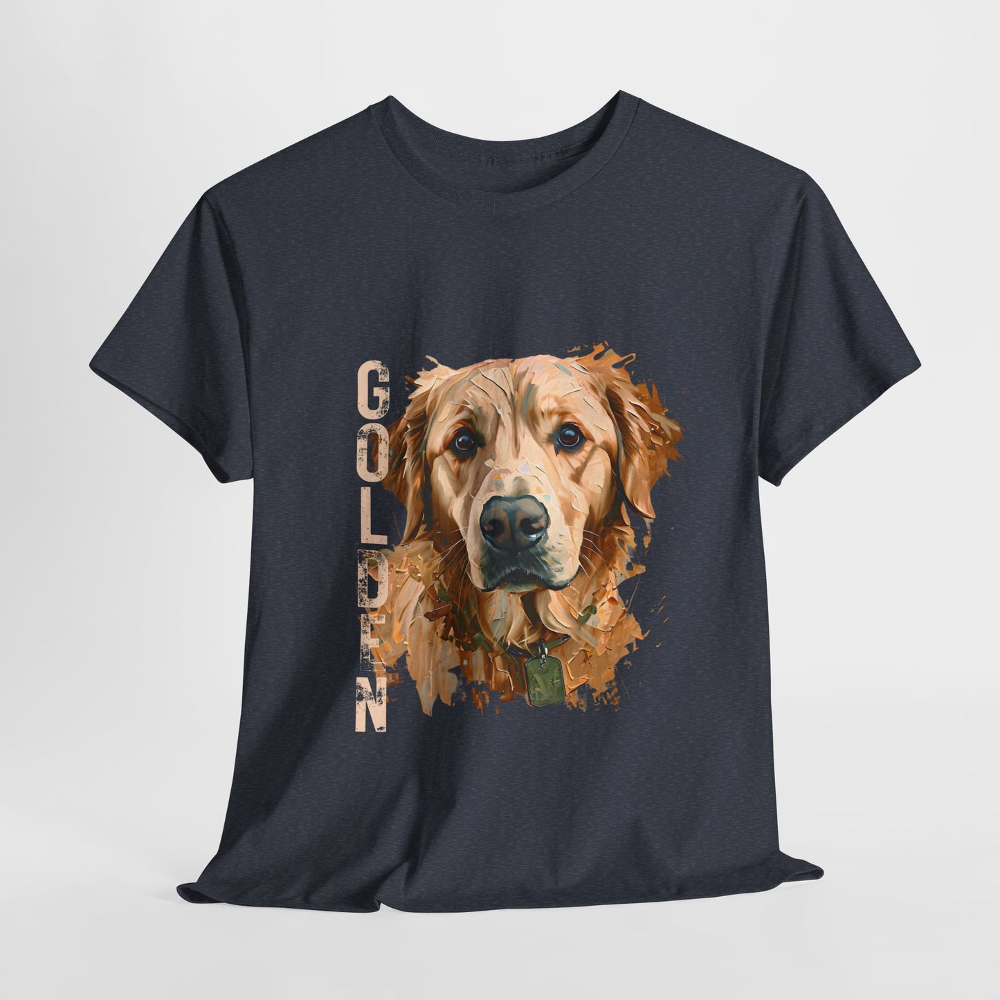 Black t-shirt with a golden retriever graphic and 'GOLDEN' text on a white background