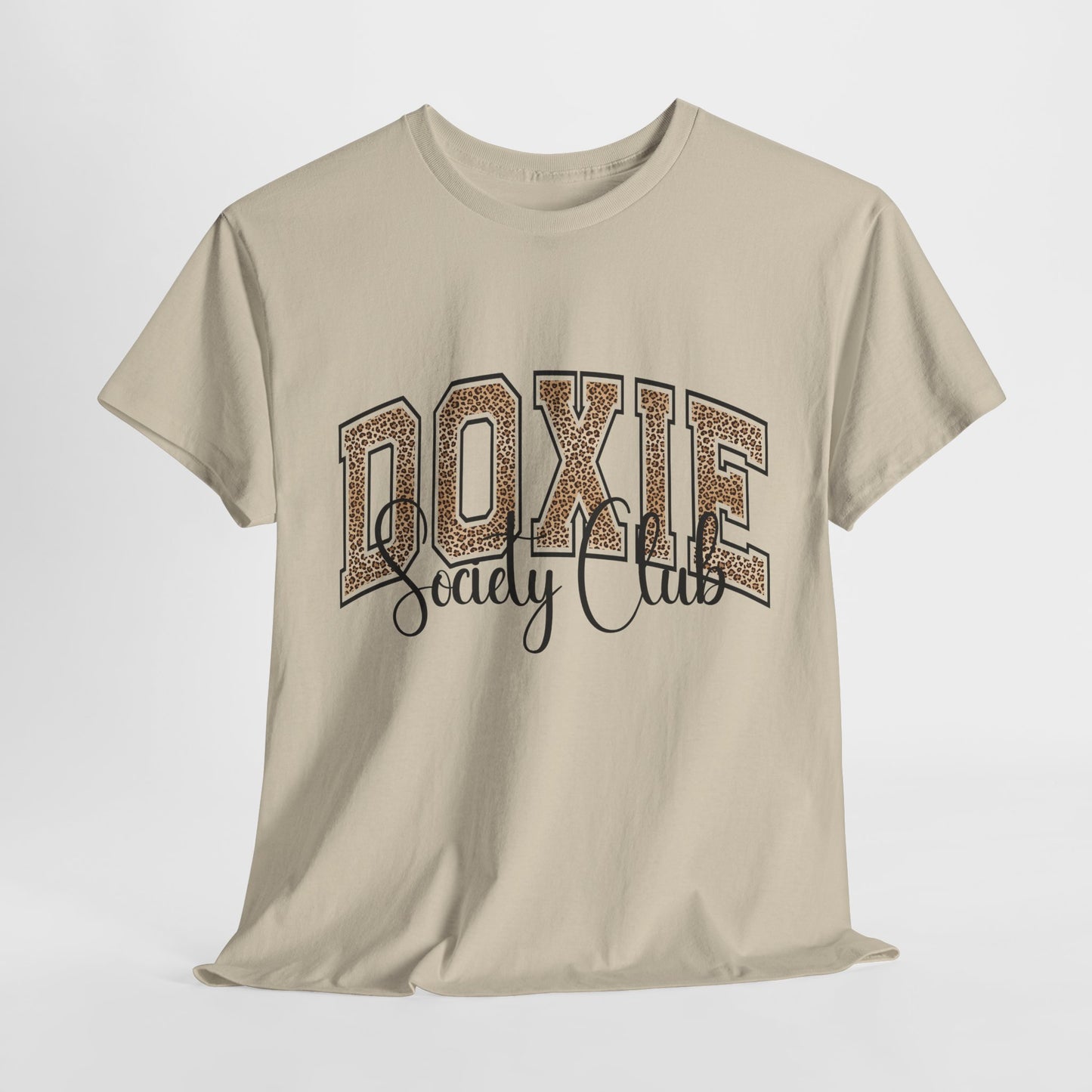 Beige t-shirt with 'Doxie Society Club' text on a white background