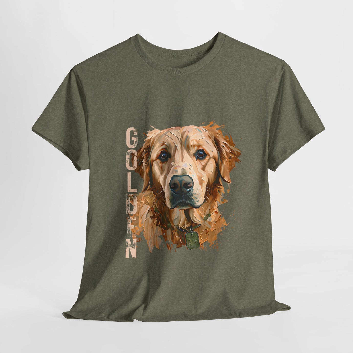 Green t-shirt with a golden retriever graphic and 'Golden' text on a white background