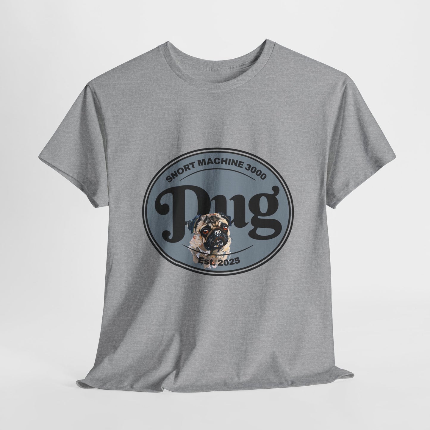 Gray t-shirt with 'Pug' graphic design on a white background