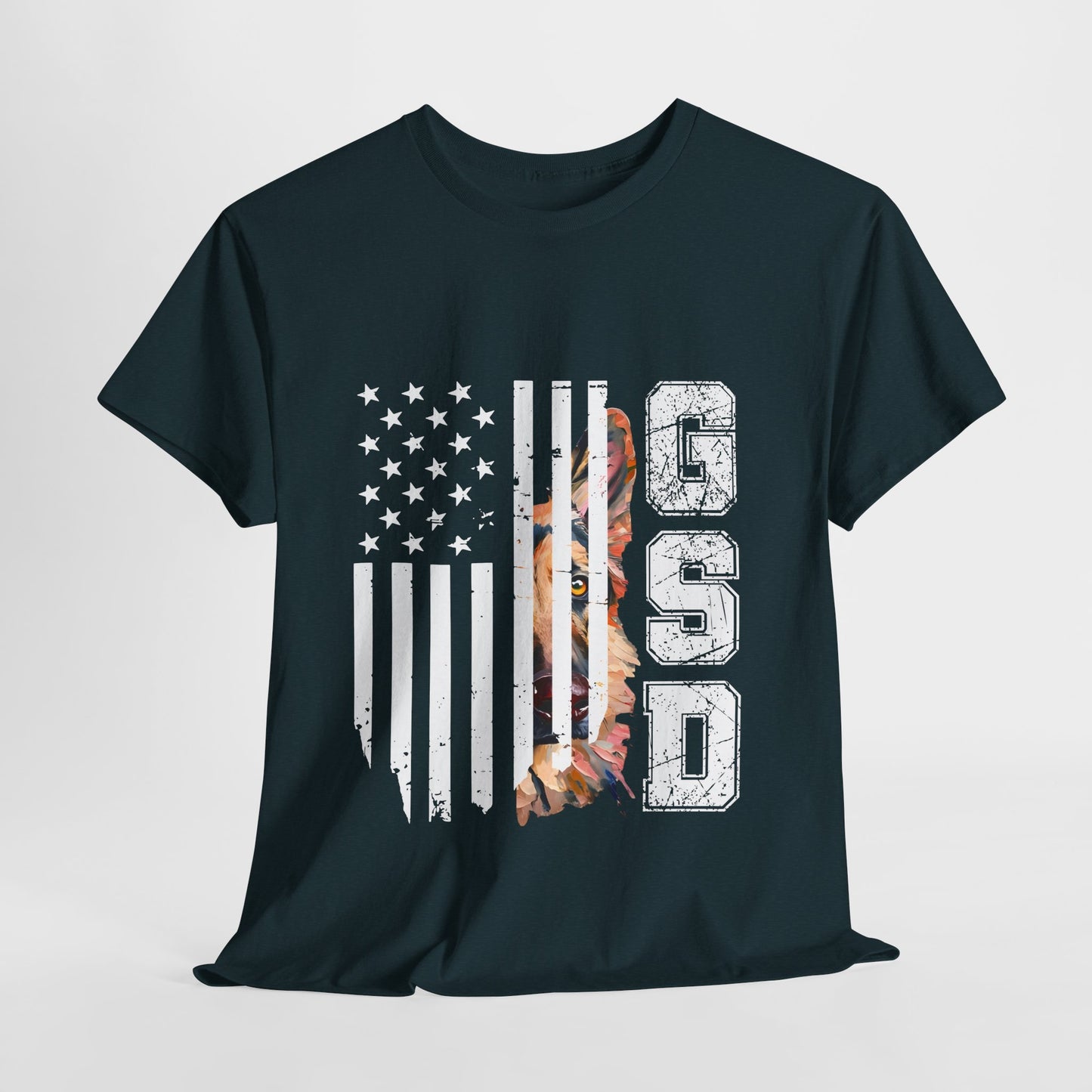 Black t-shirt with American flag and 'CSD' design on a white background
