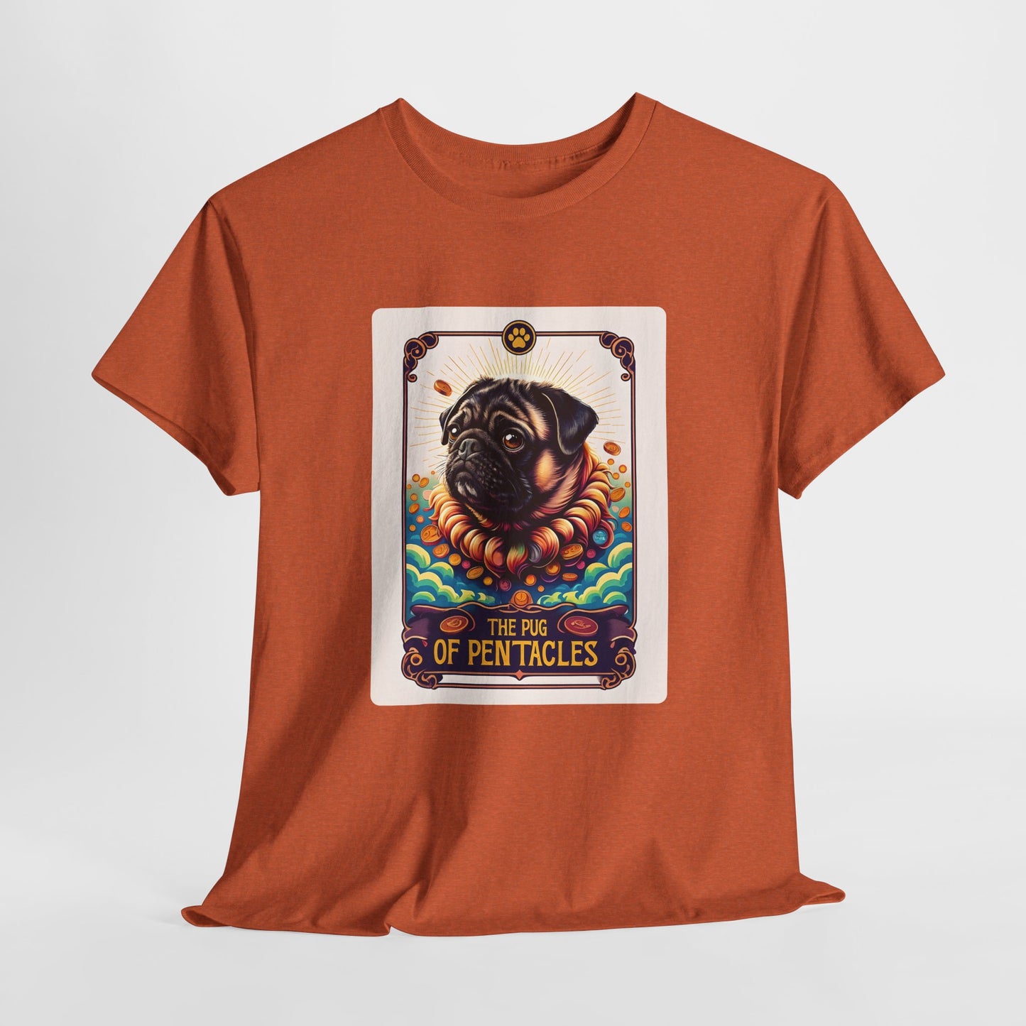 Brown t-shirt with a graphic of a pug and text on a white background