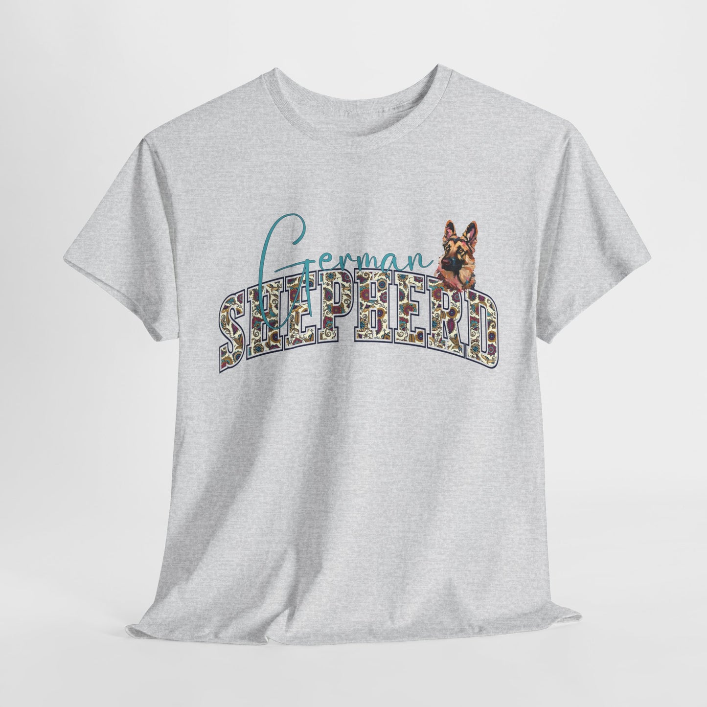 Gray t-shirt with 'German Shepherd' text and dog graphic on a white background