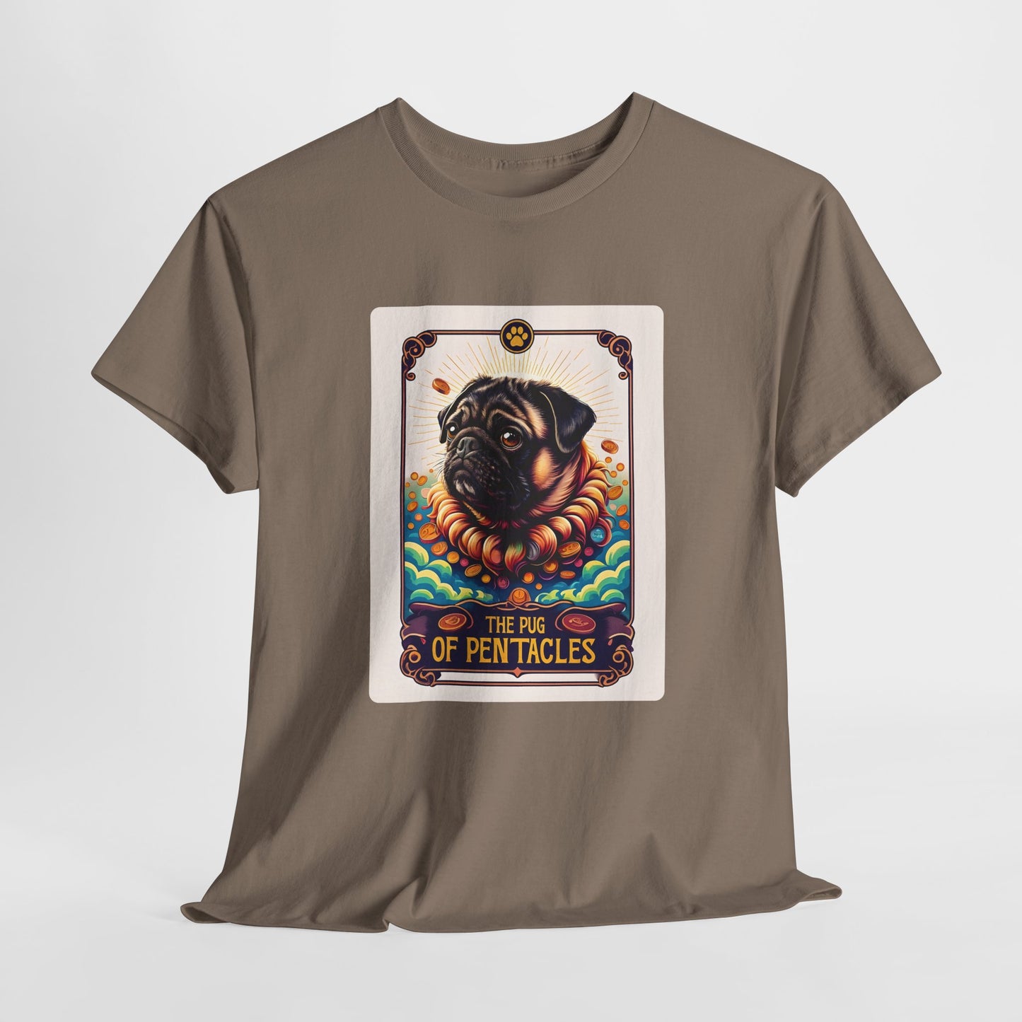 Brown t-shirt with a graphic of a pug on a tarot card design.