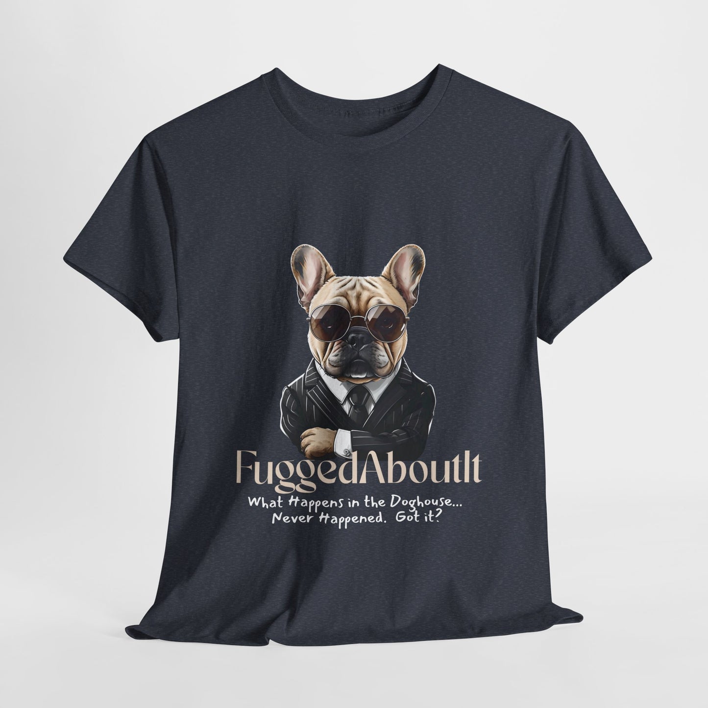 Black t-shirt with a graphic of a dog wearing sunglasses and a suit, with text on a white background.