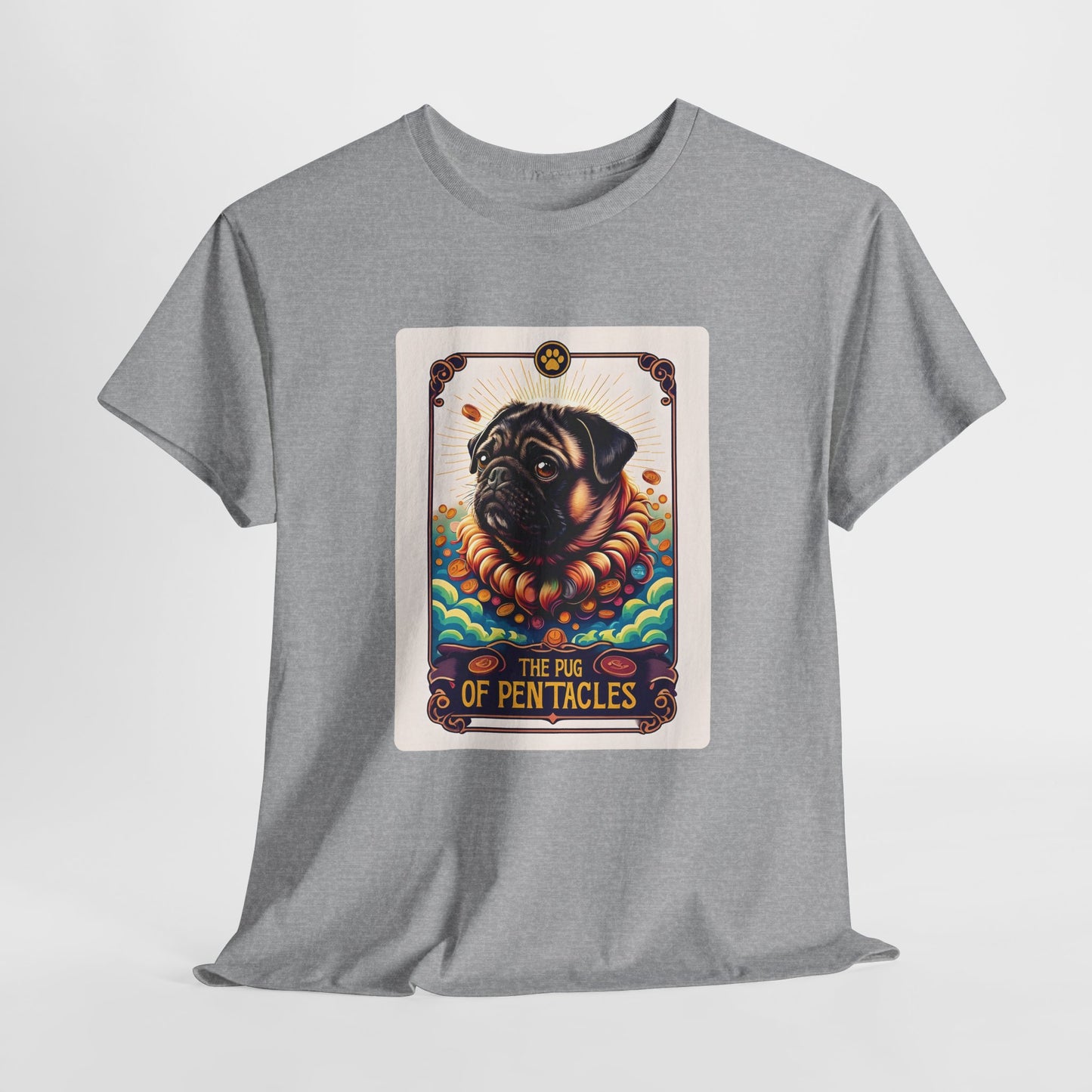 Gray t-shirt with a graphic of a dog and text on a white background