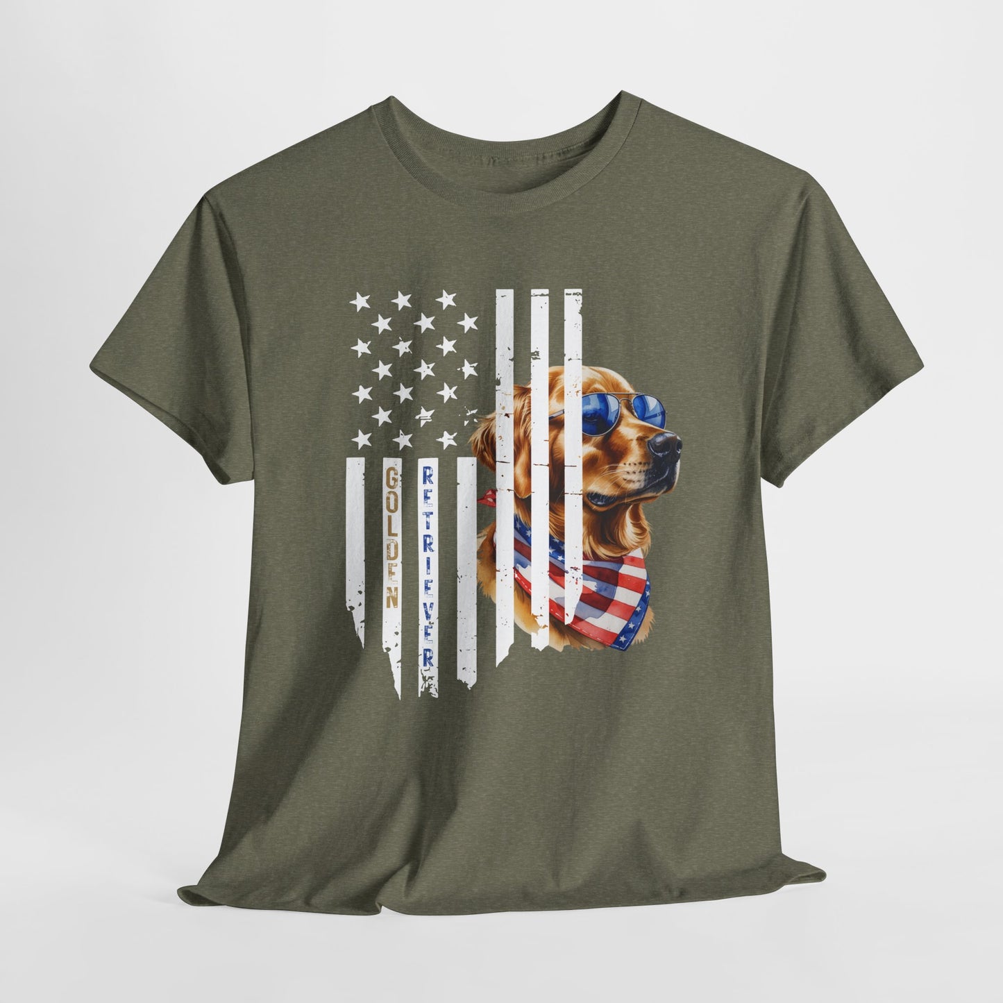 Green t-shirt with a dog graphic and American flag design on a white background