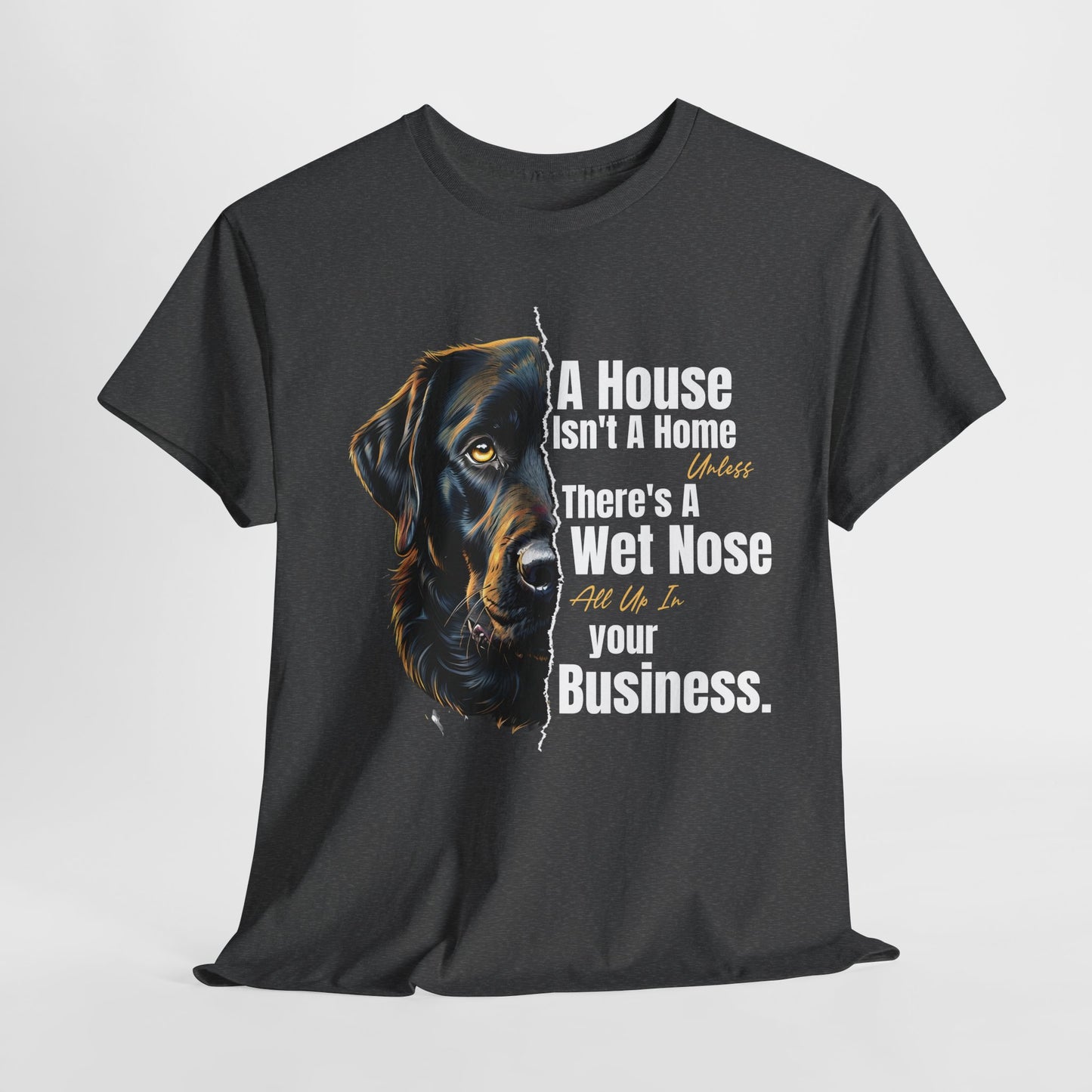 Black t-shirt with a dog graphic and text on a white background