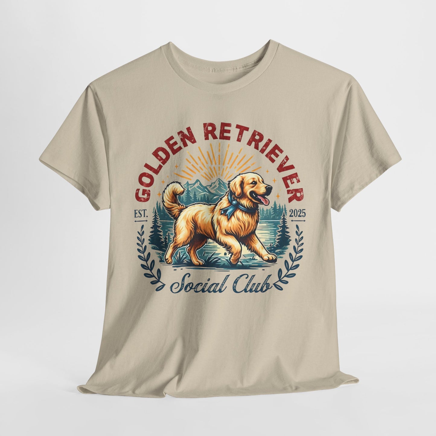 Beige t-shirt with a Golden Retriever graphic and text on a white background