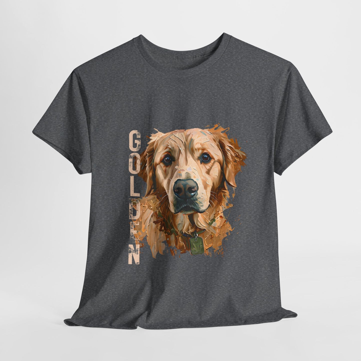 Gray t-shirt with a golden retriever graphic and 'Golden' text on a light gray background