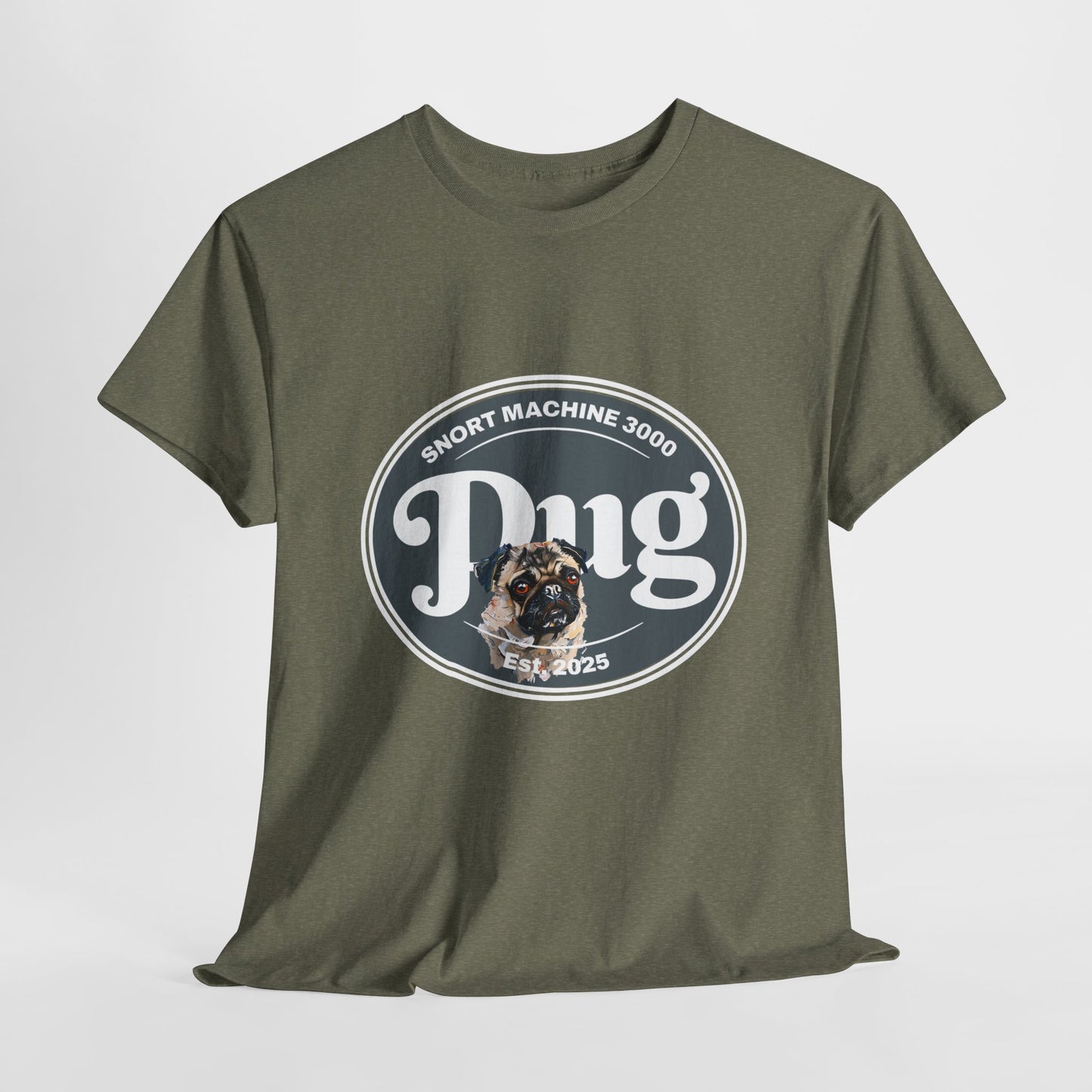 Green t-shirt with a dog graphic and text on a white background
