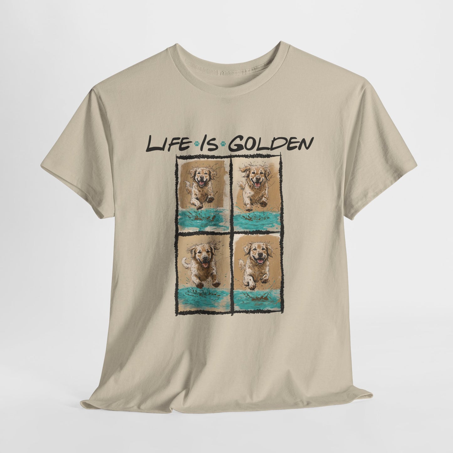 Beige t-shirt with 'Life is Golden' text and dog illustrations on a white background