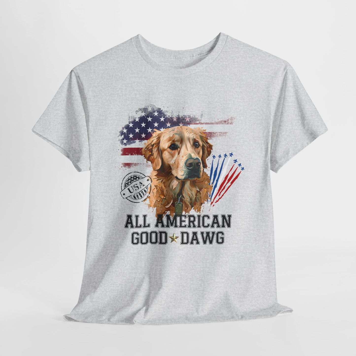 Gray t-shirt with a dog graphic and 'All American Good Dawg' text on a white background