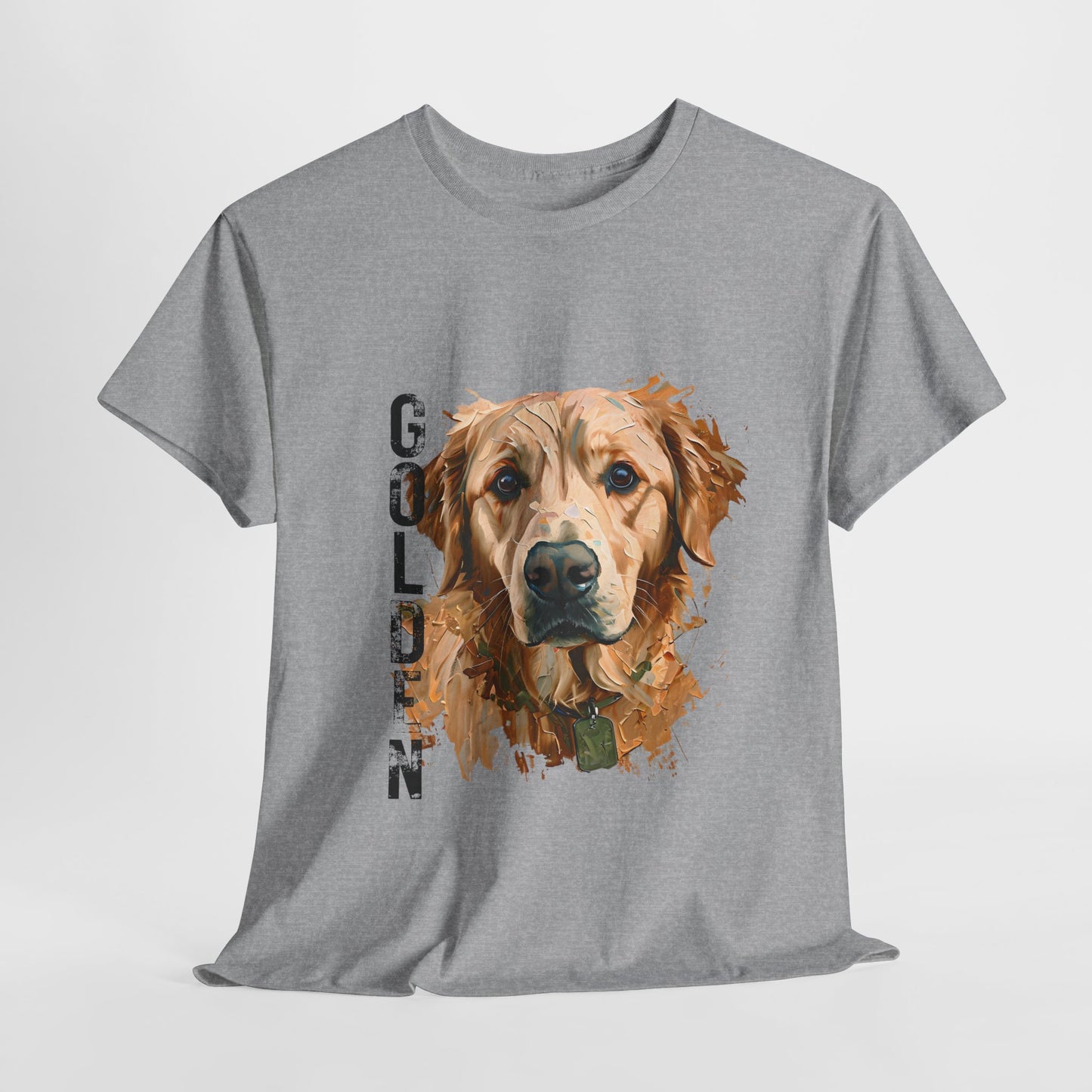 Gray t-shirt with a golden retriever graphic and 'GOLDEN' text on a light gray background