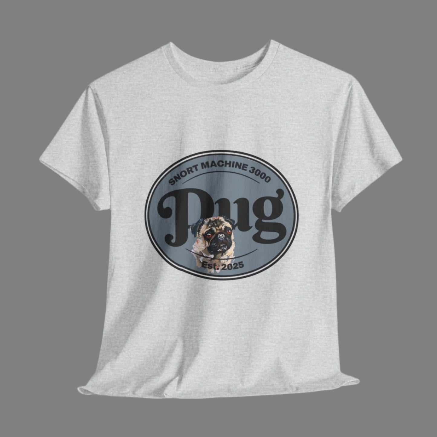 Gray t-shirt with a dog graphic and text on a white background
