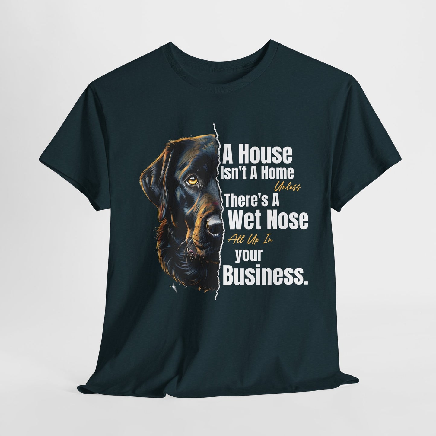 Black t-shirt with a dog graphic and humorous text on a white background