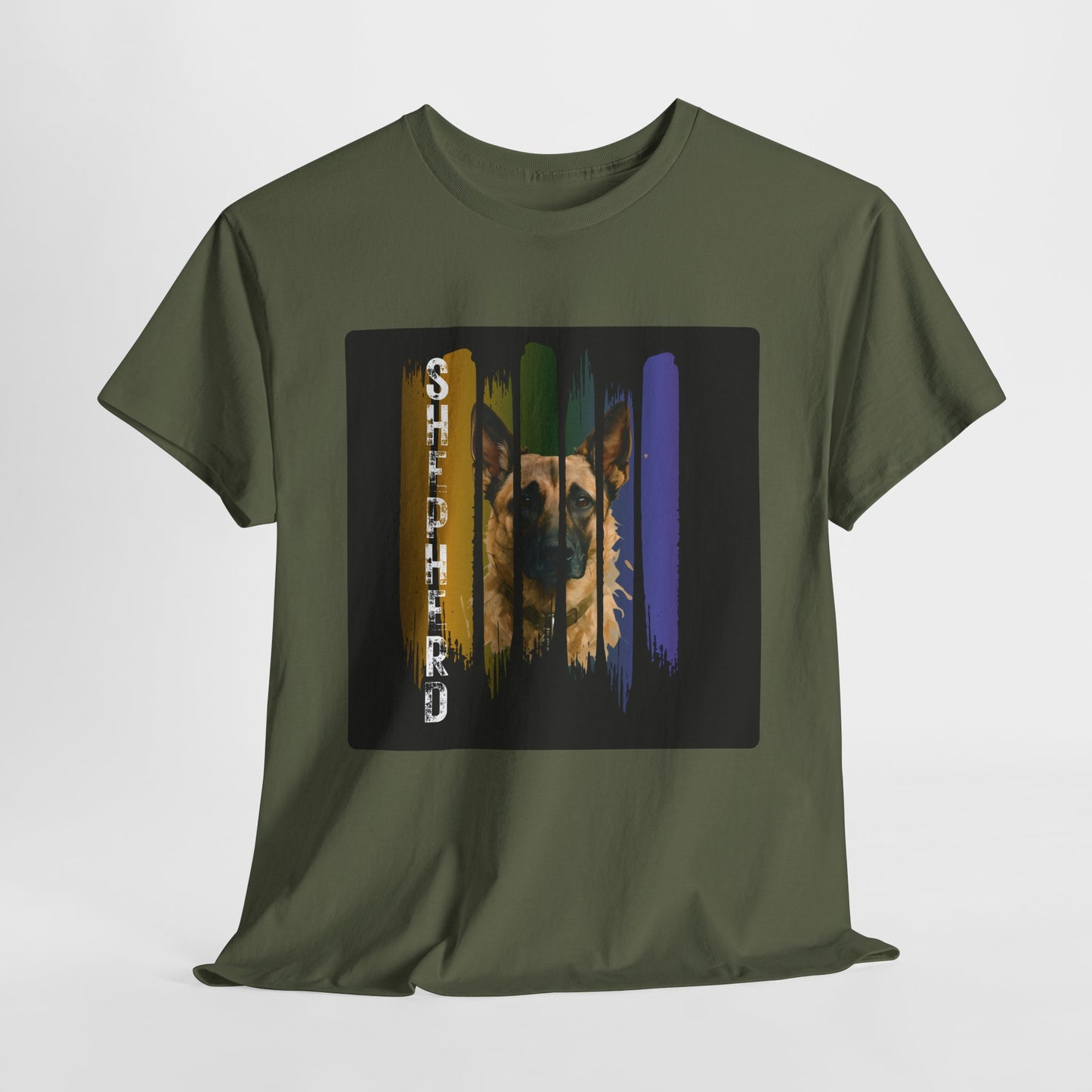 Green t-shirt with a graphic of a dog's face on a white background
