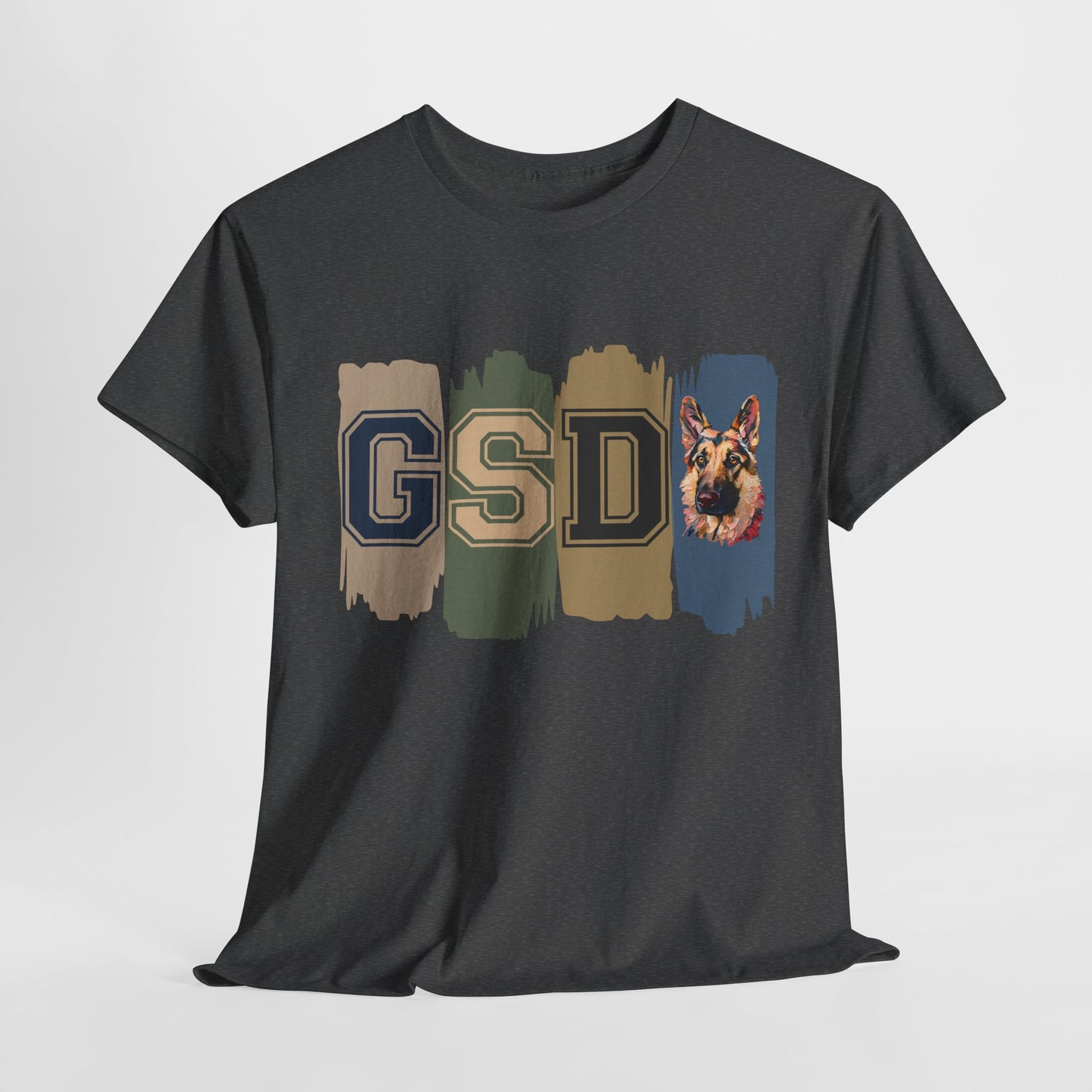 Black t-shirt with 'GSD' and a dog graphic on a light gray background