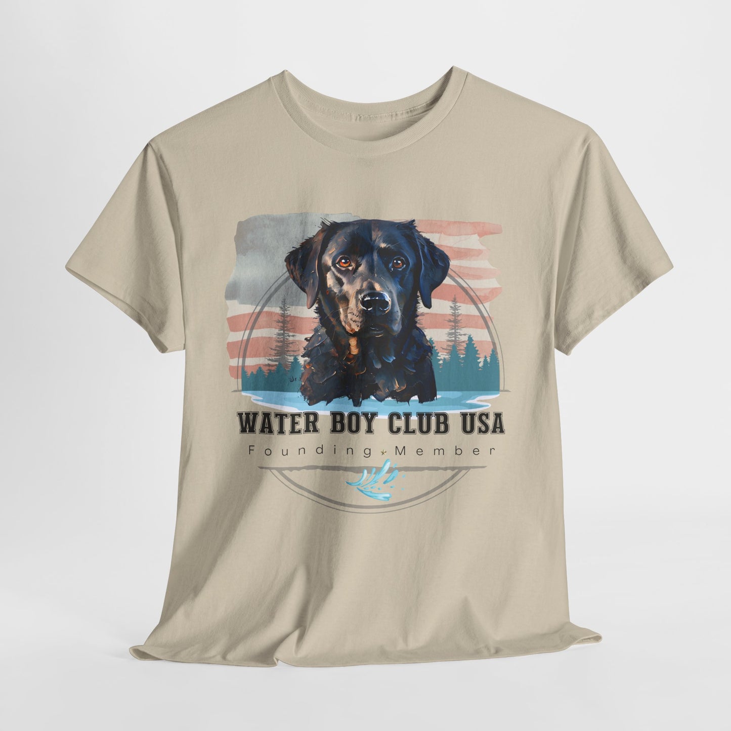 Beige t-shirt with a dog graphic and 'Water Boy Club USA' text on a white background