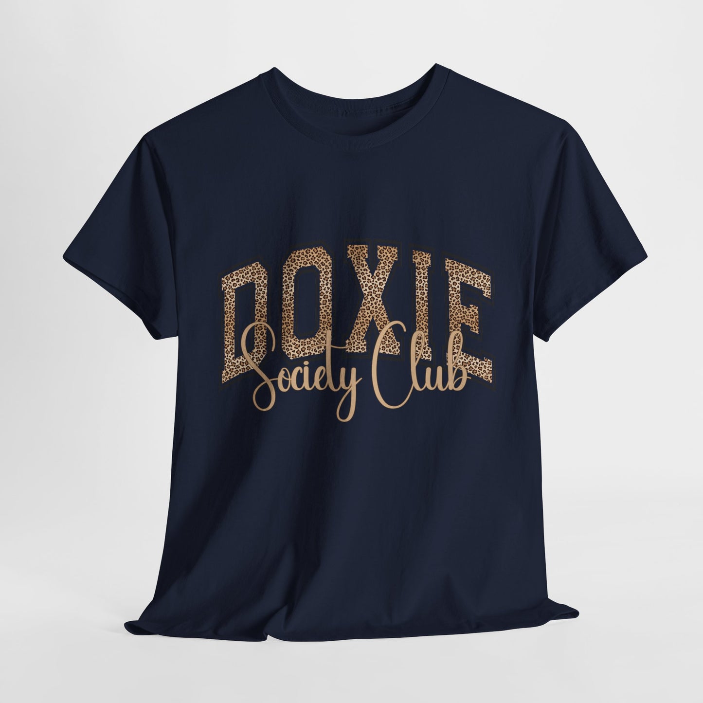 Navy blue t-shirt with 'Doxie Society Club' text in gold on a light gray background