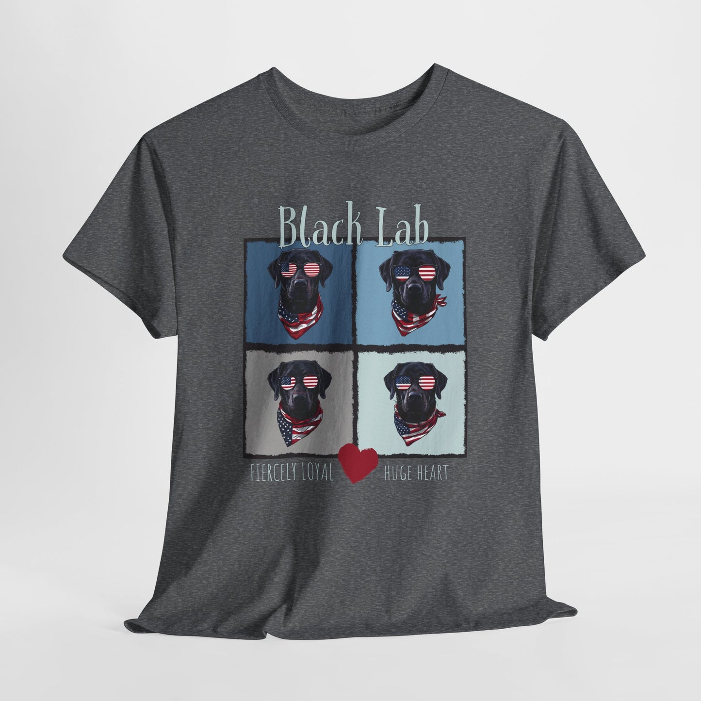 Gray t-shirt with black labrador graphic and text on a white background