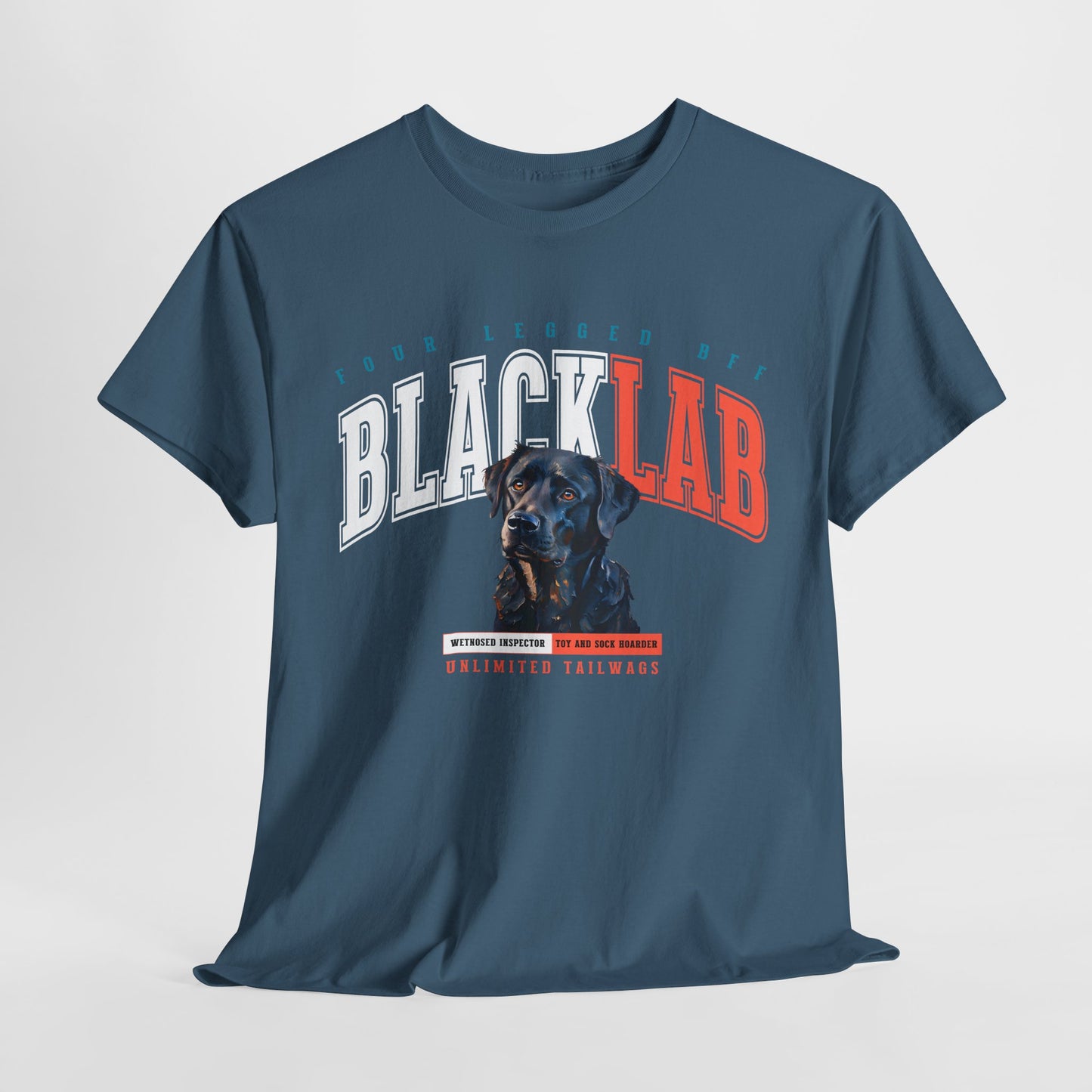 Blue t-shirt with 'Black Lab' graphic design on a white background