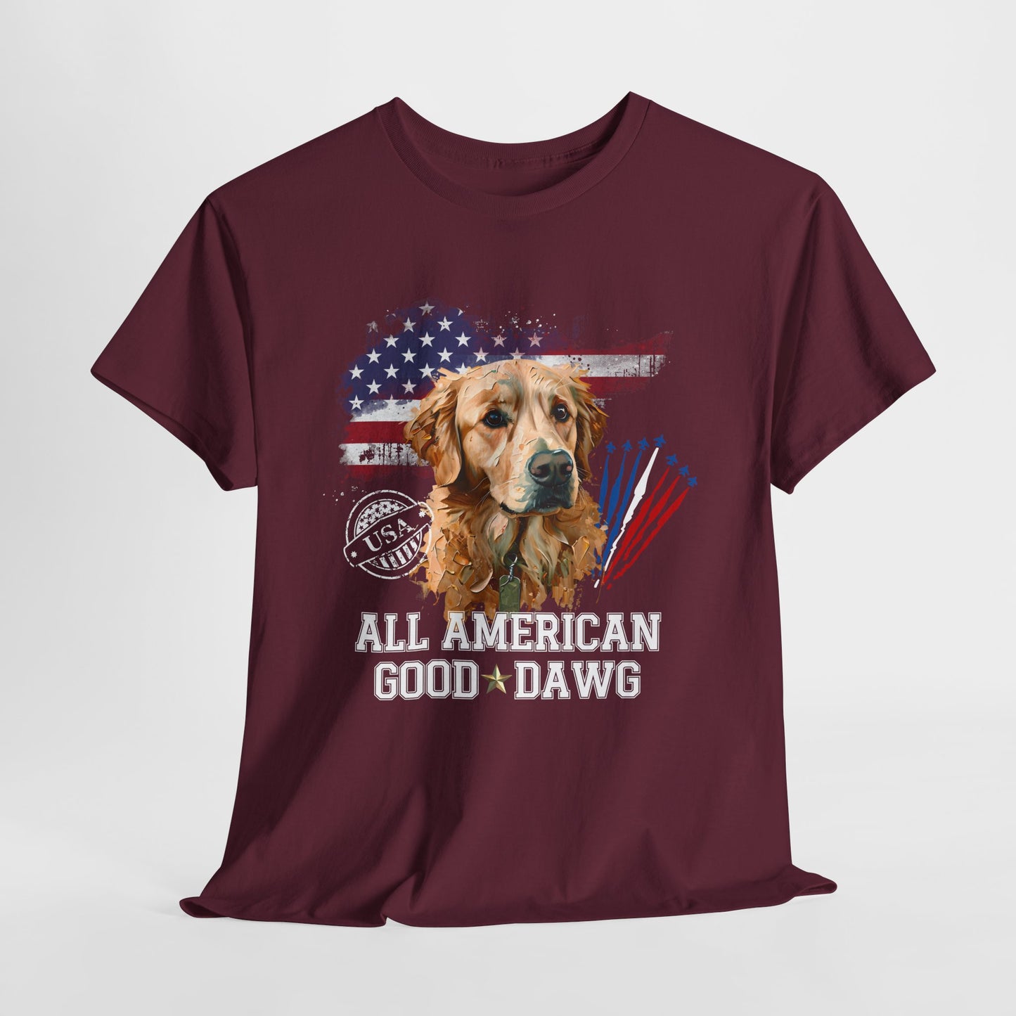 Maroon t-shirt with a dog graphic and 'All American Good Dawg' text on a white background