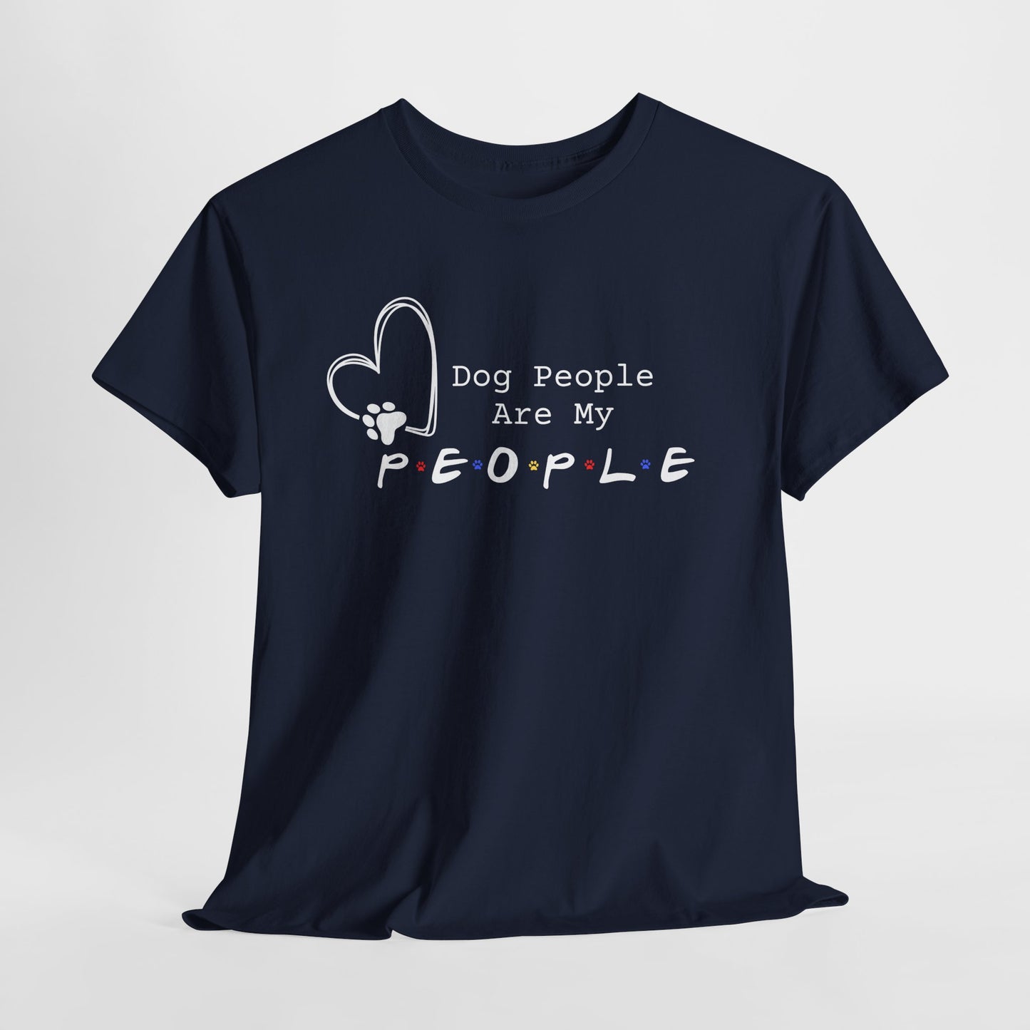 Navy blue t-shirt with 'Dog People Are My People' text and heart design on a light gray background