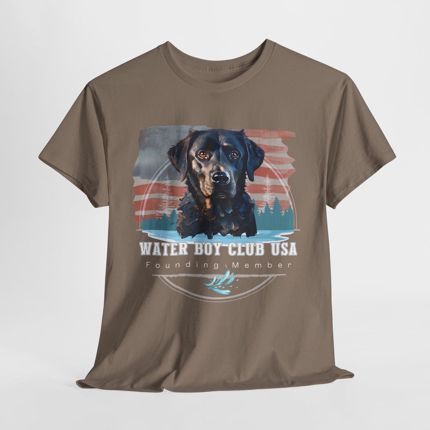 Brown t-shirt with a dog graphic and text on a white background