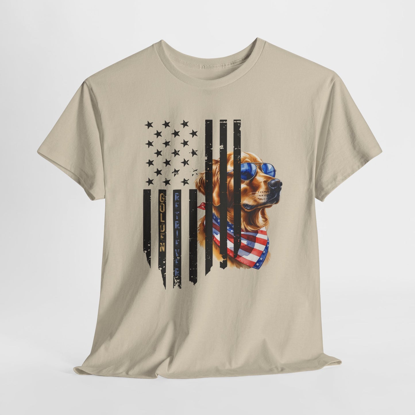 Beige t-shirt with a graphic of a dog wearing sunglasses and a bandana, inside an American flag design.