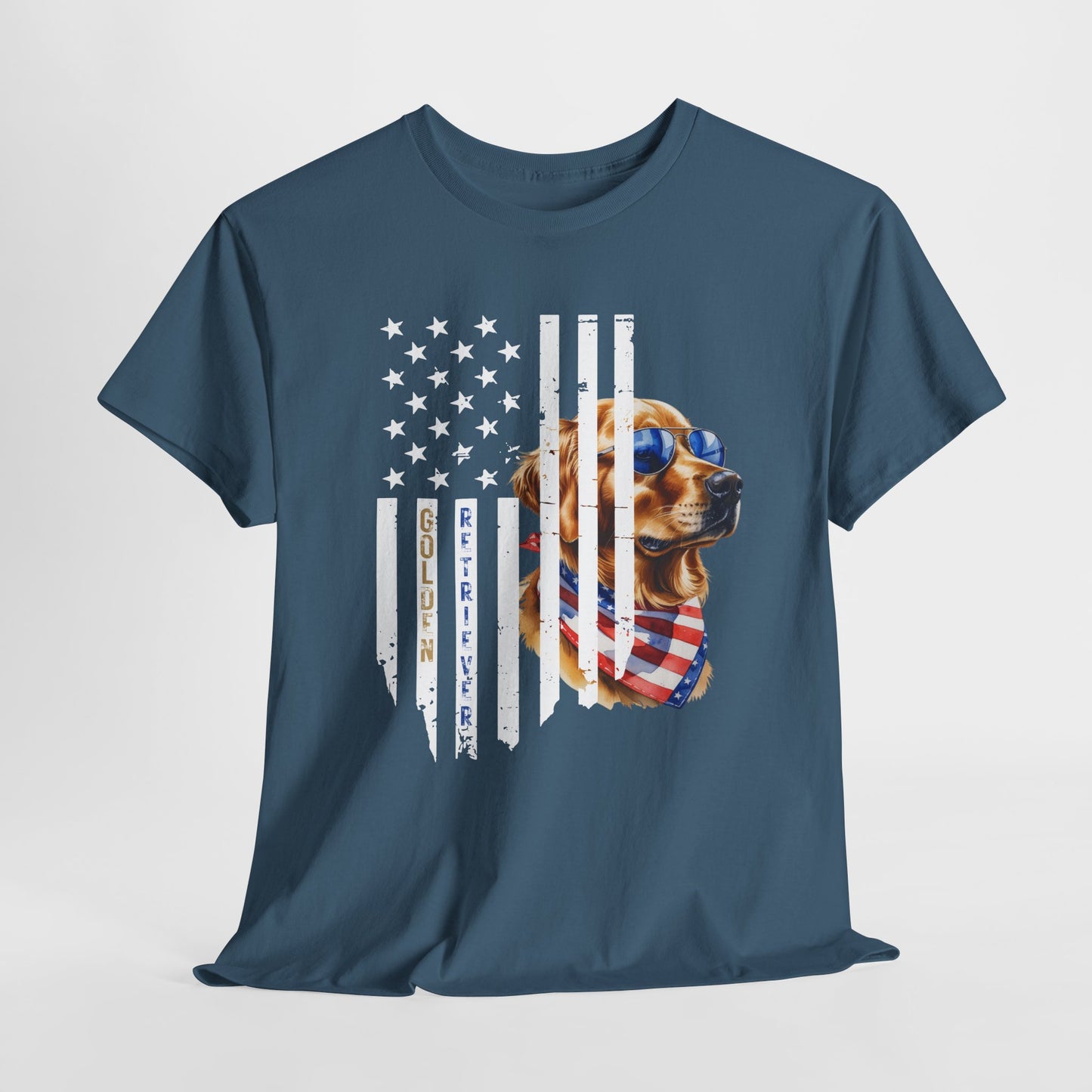 Navy blue t-shirt with a dog wearing sunglasses and an American flag design on a white background