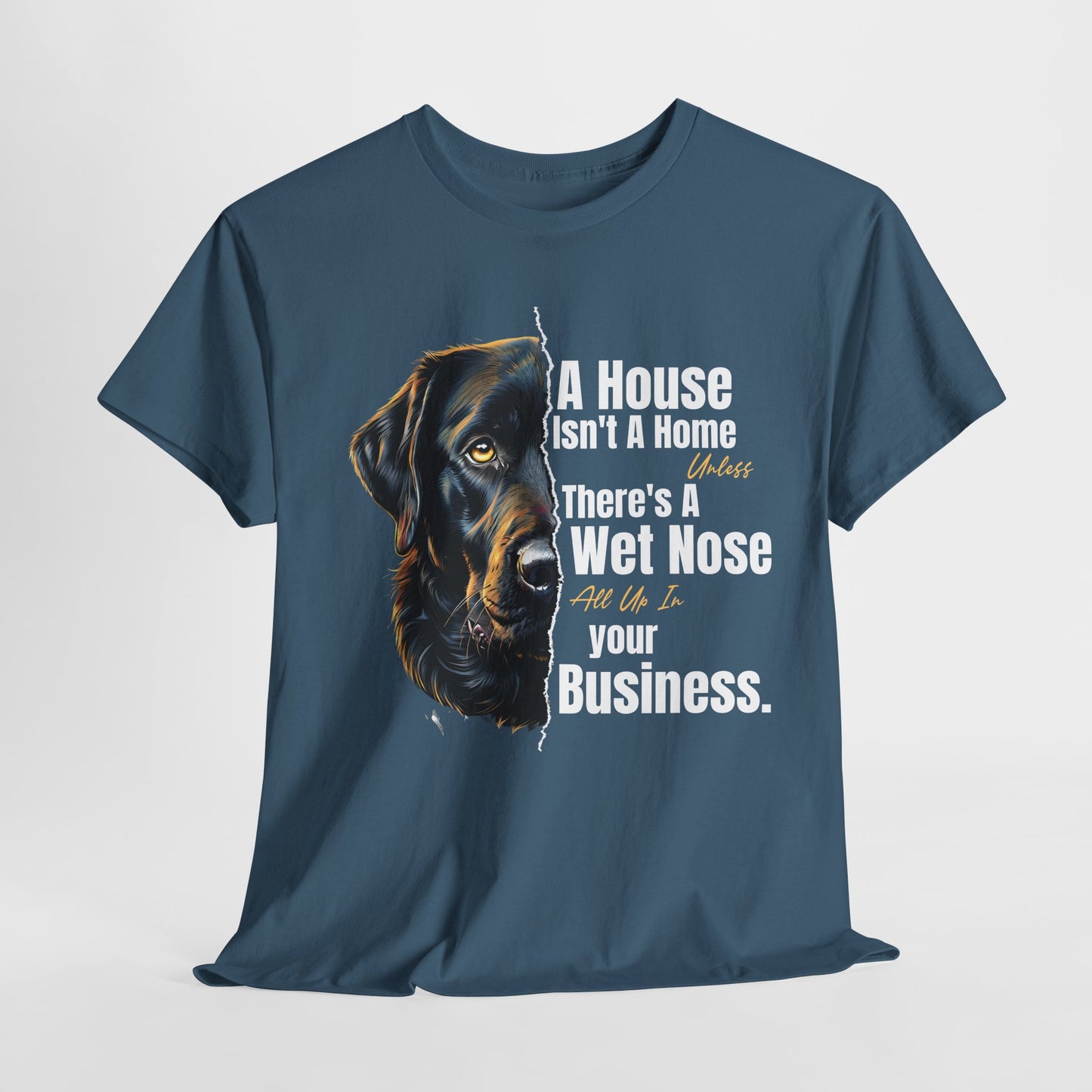 Blue t-shirt with a dog graphic and text on a white background