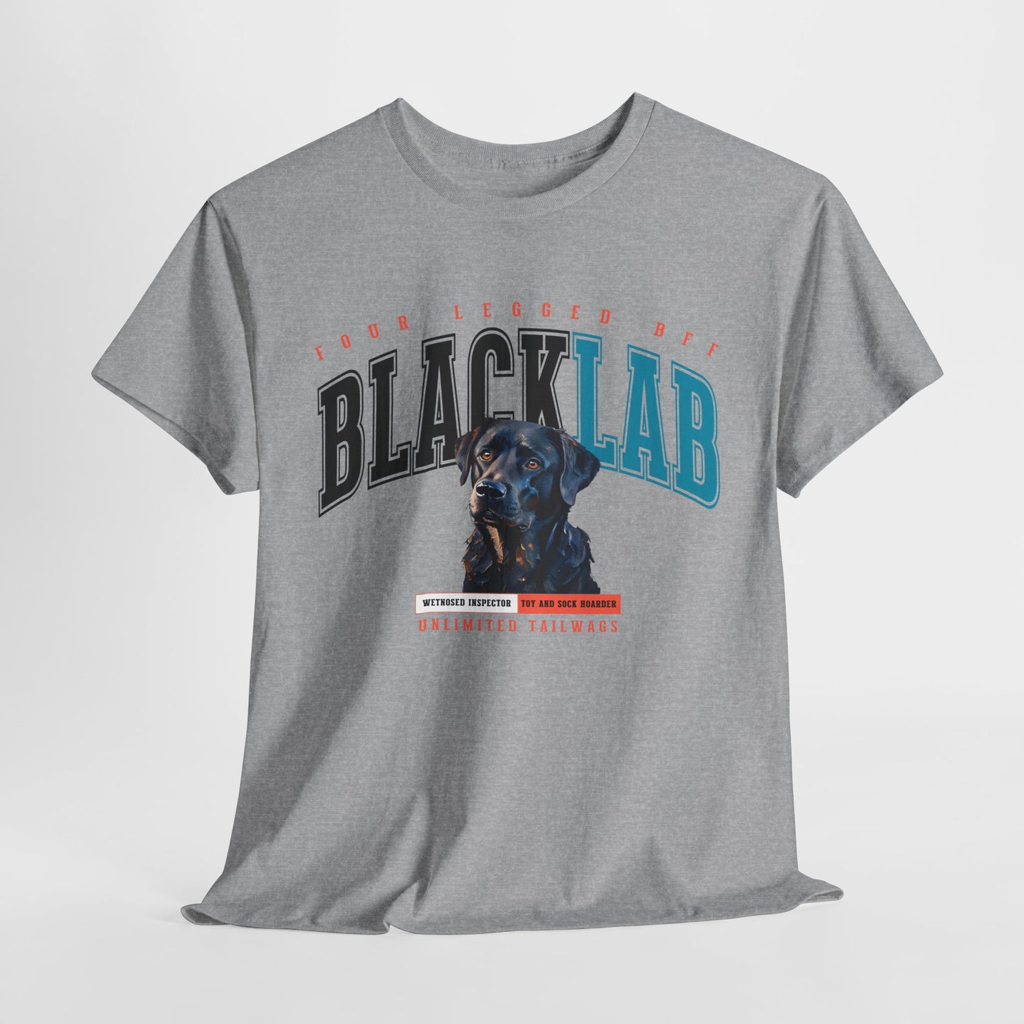 Gray t-shirt with 'Black Lab' design featuring a dog on a white background