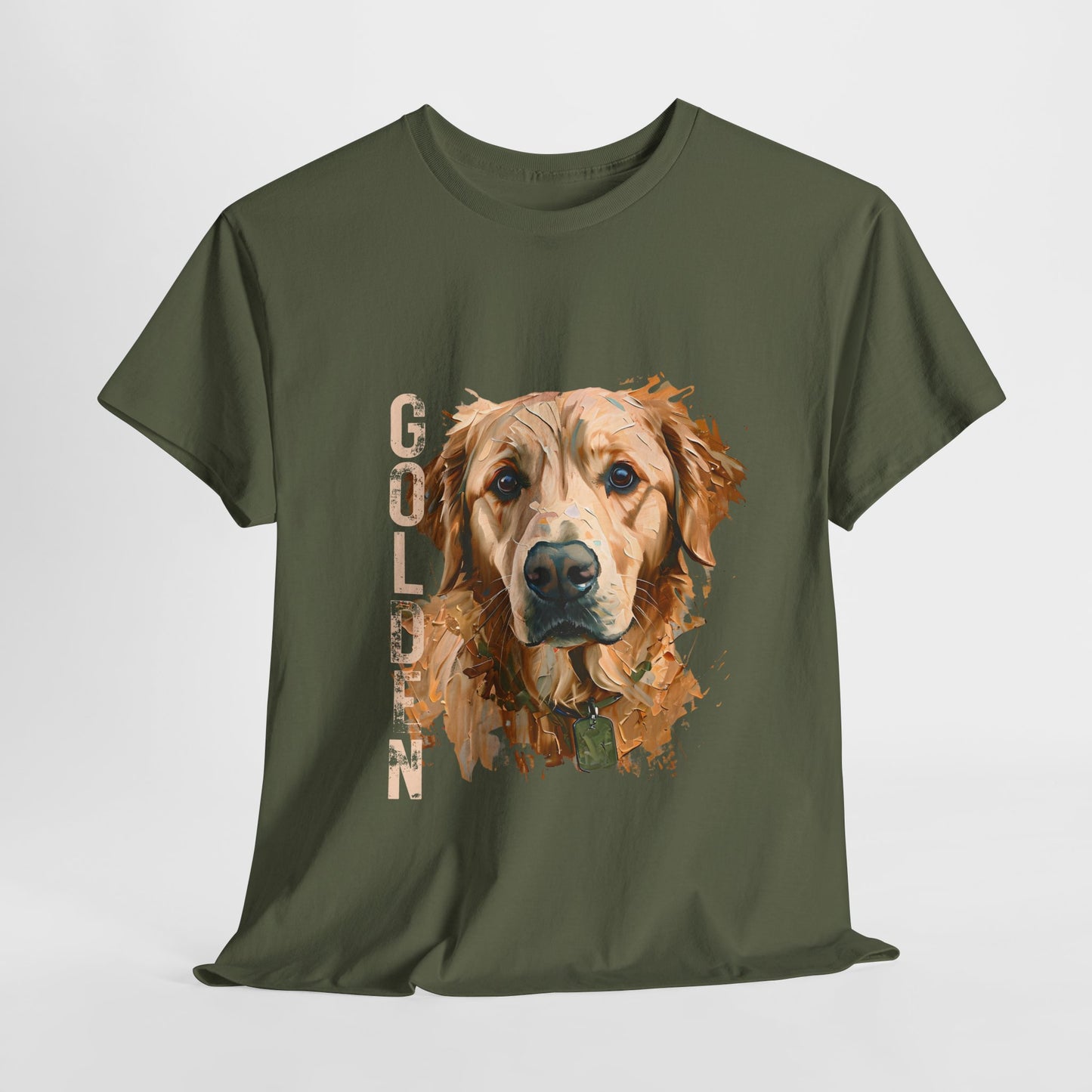 Green t-shirt with a golden retriever graphic and 'GOLDEN' text on a white background