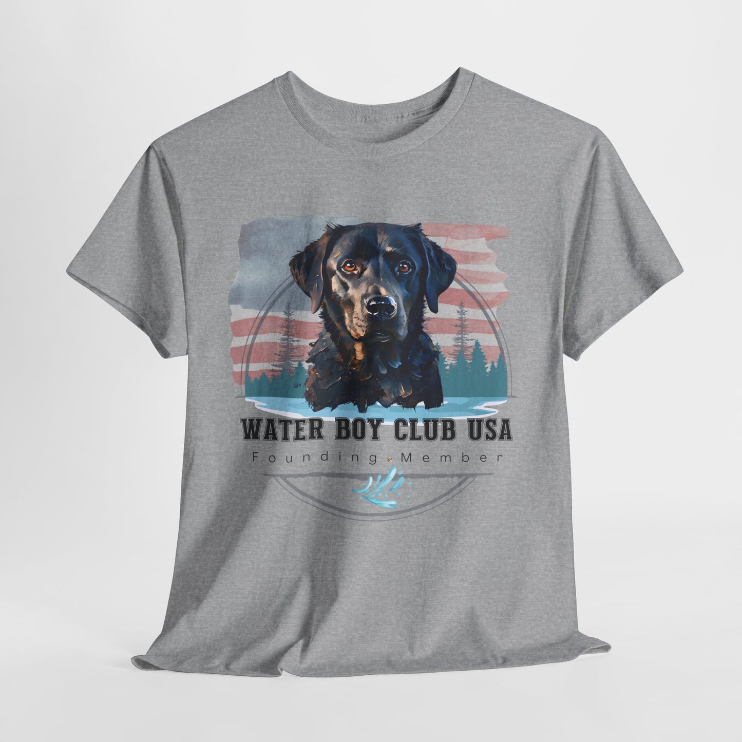 Gray t-shirt with a dog graphic and 'Water Boy Club USA' text on a white background