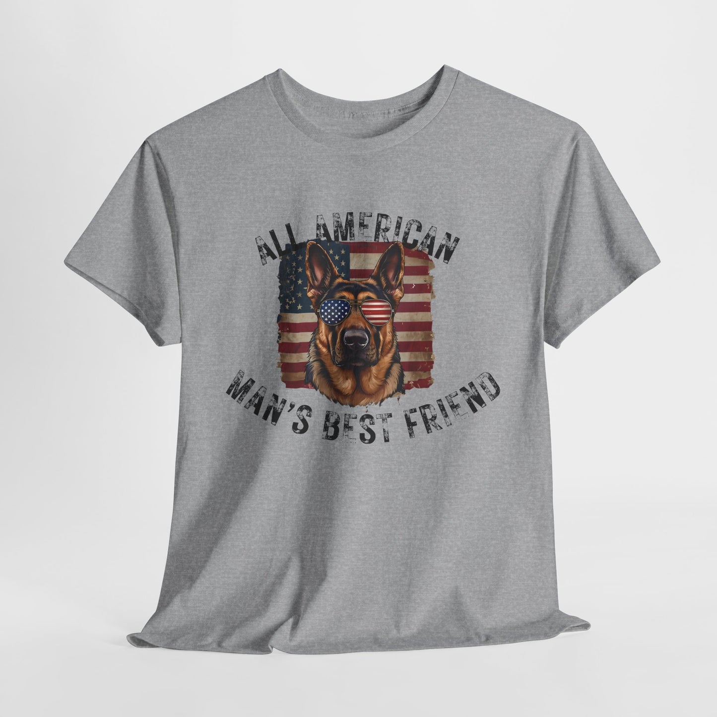 Gray t-shirt with a graphic of a dog and text 'All American Man's Best Friend' on a white background