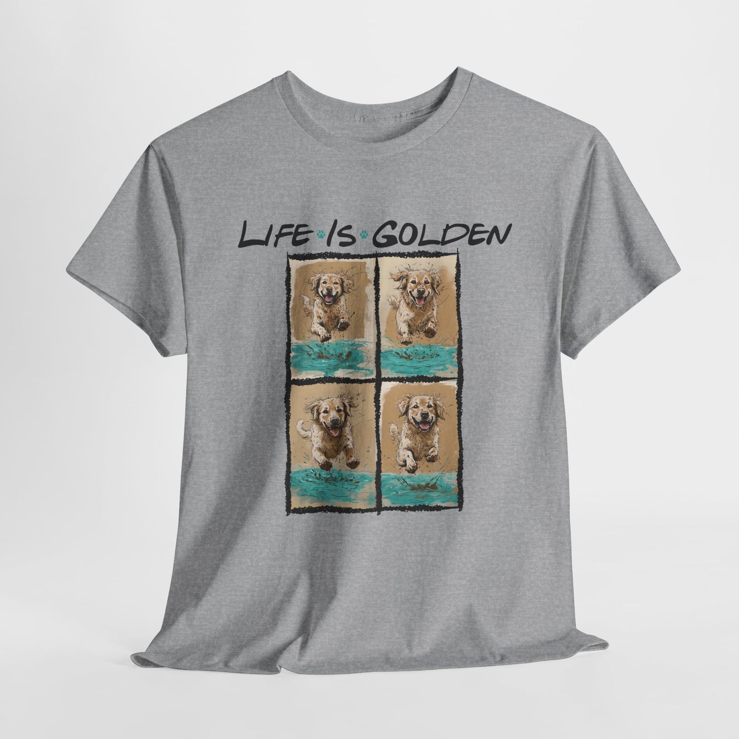 Gray t-shirt with 'Life is Golden' graphic featuring a dog on a light gray background