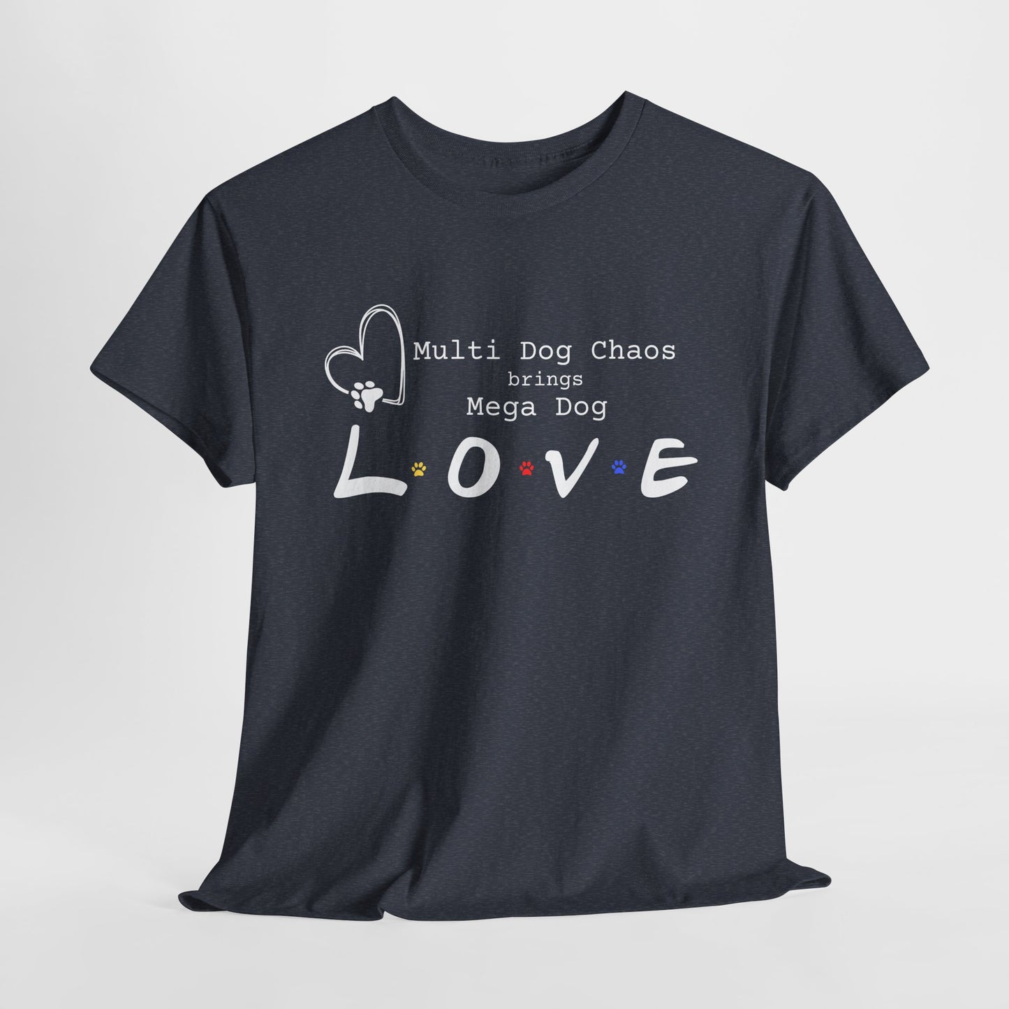Black t-shirt with white text and graphics on a light gray background