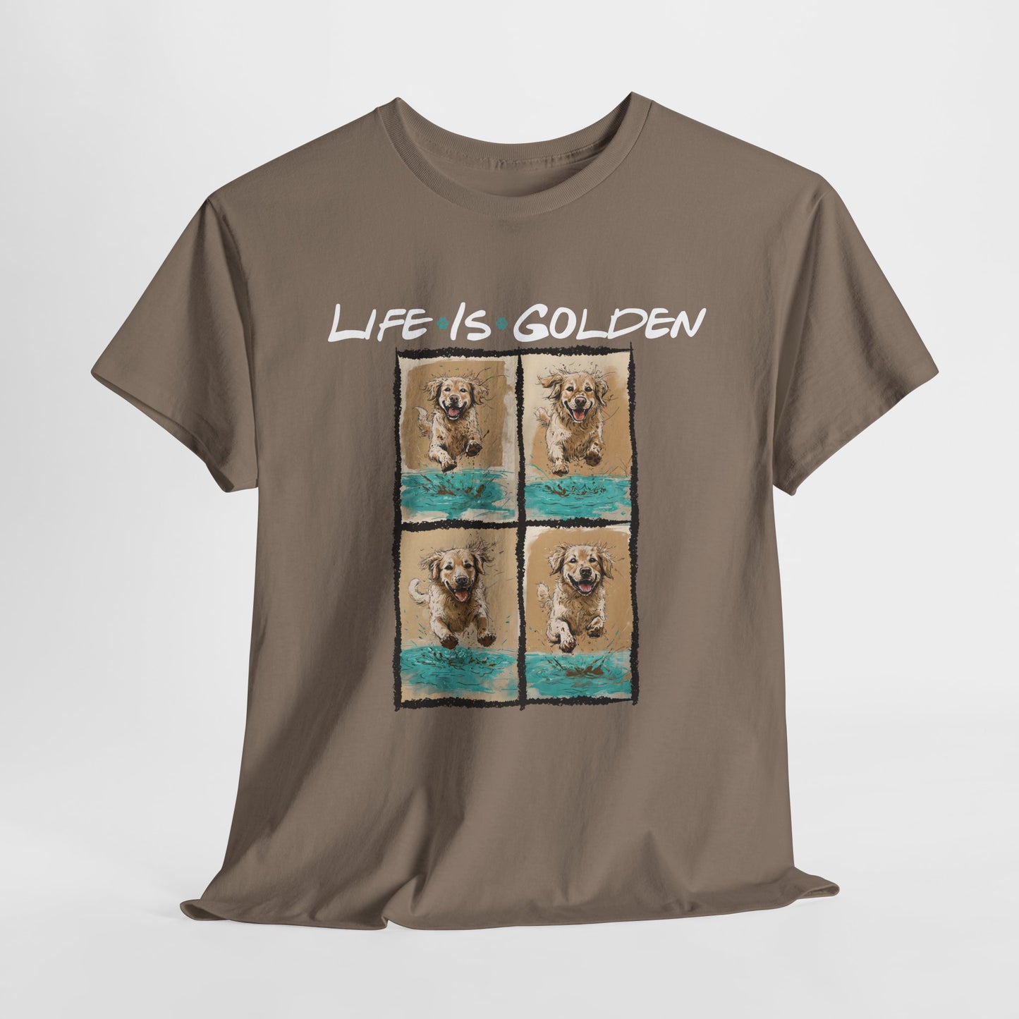 Brown t-shirt with 'Life is Golden' graphic and dog images on a white background