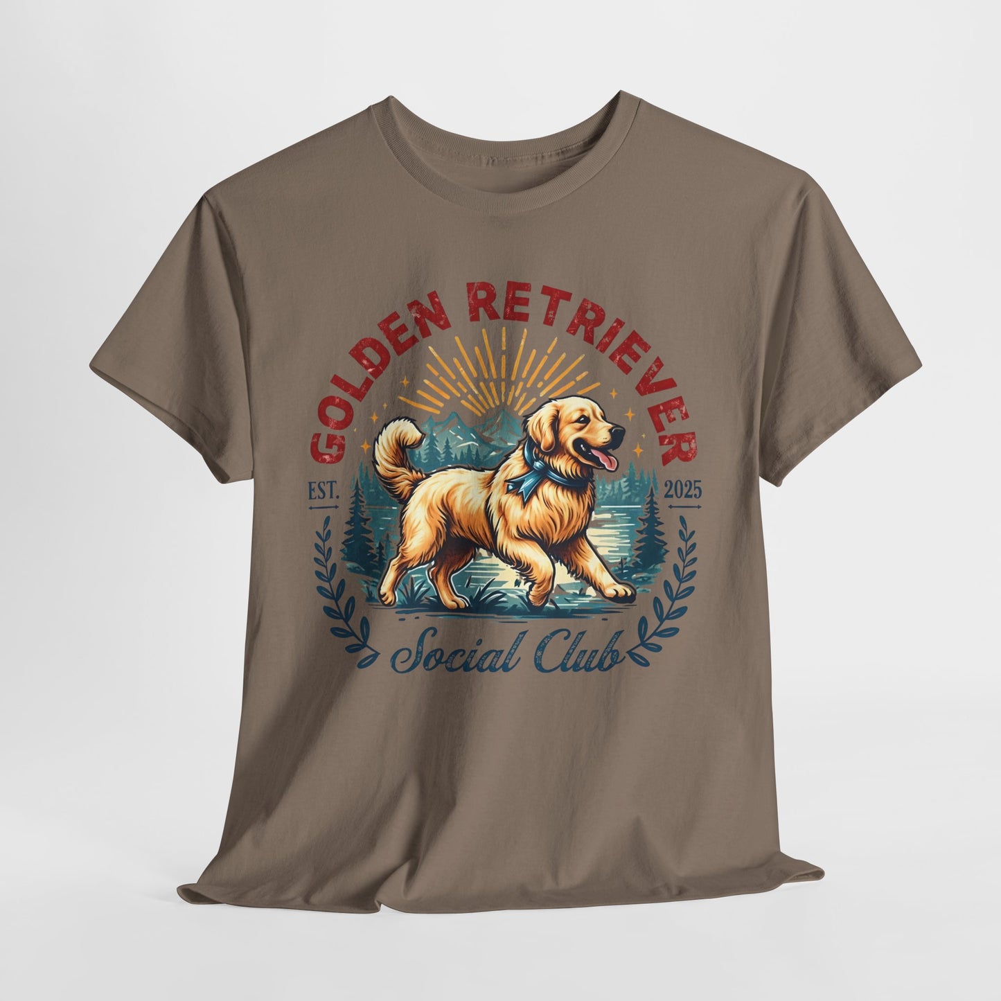 Brown t-shirt with a Golden Retriever graphic and text on a white background