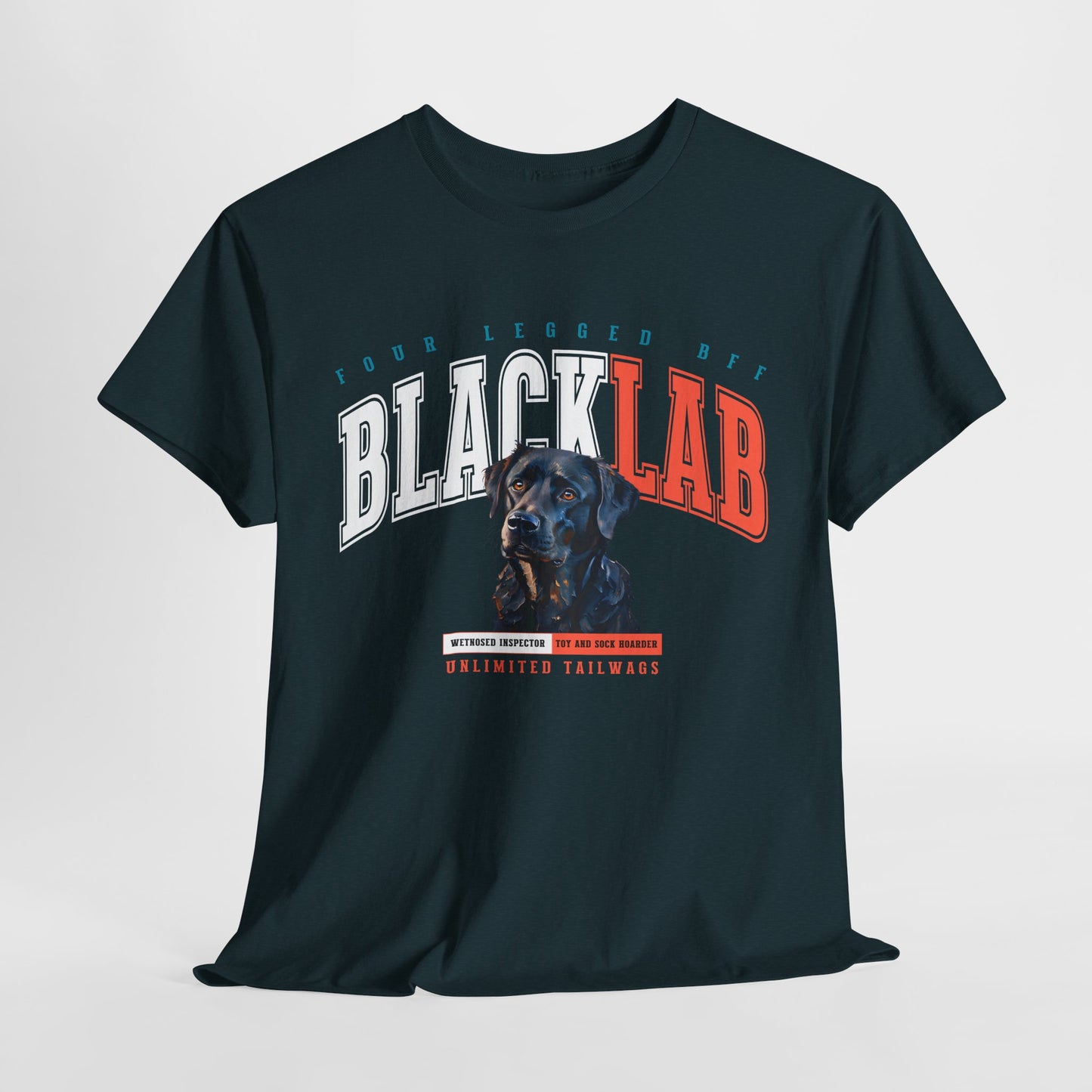 Black t-shirt with 'BLACK LAB' graphic design on a white background