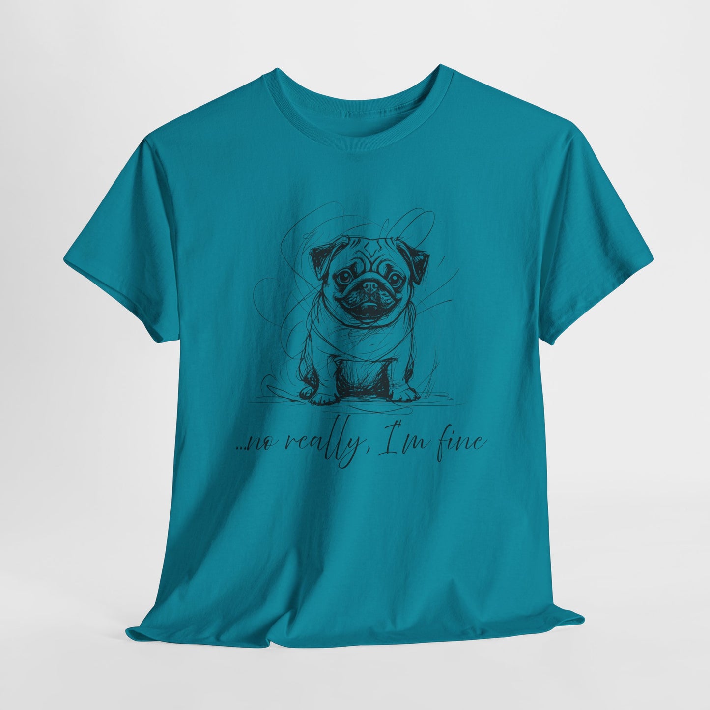 Teal t-shirt with a pug graphic and text on a light gray background